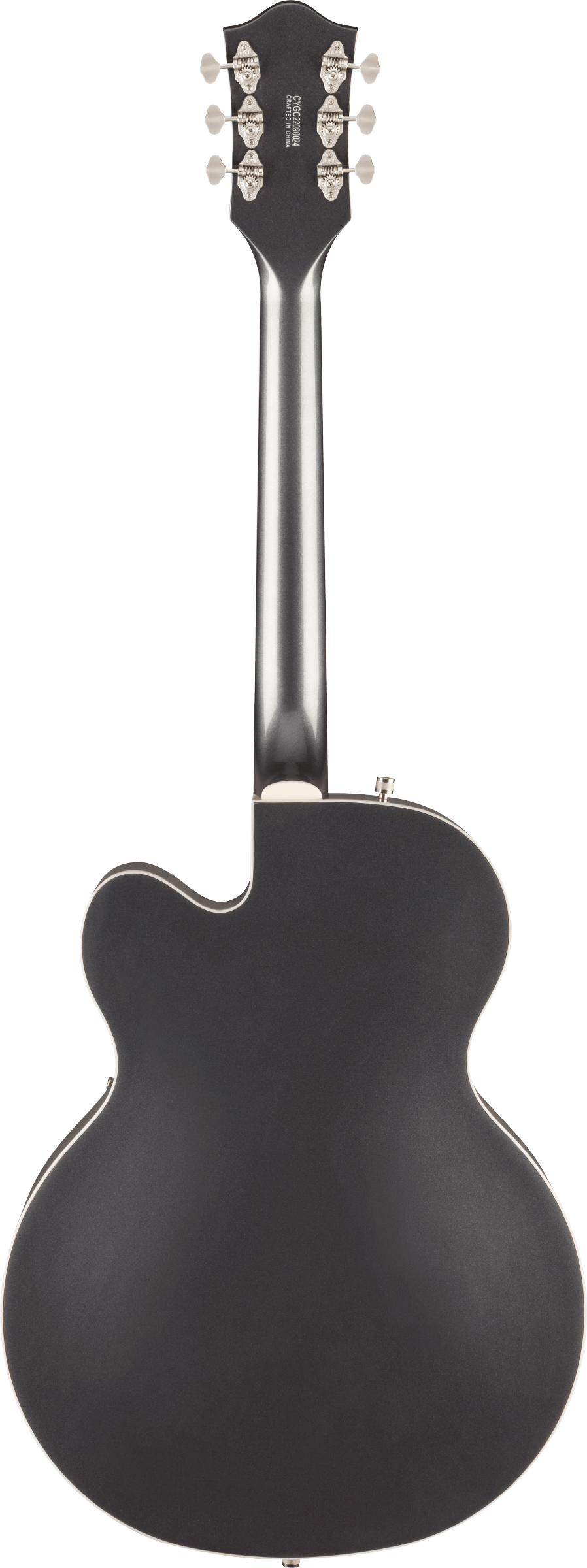 Matte black electric guitar viewed from the back, with a single cutaway body and six silver tuning pegs on the headstock.
