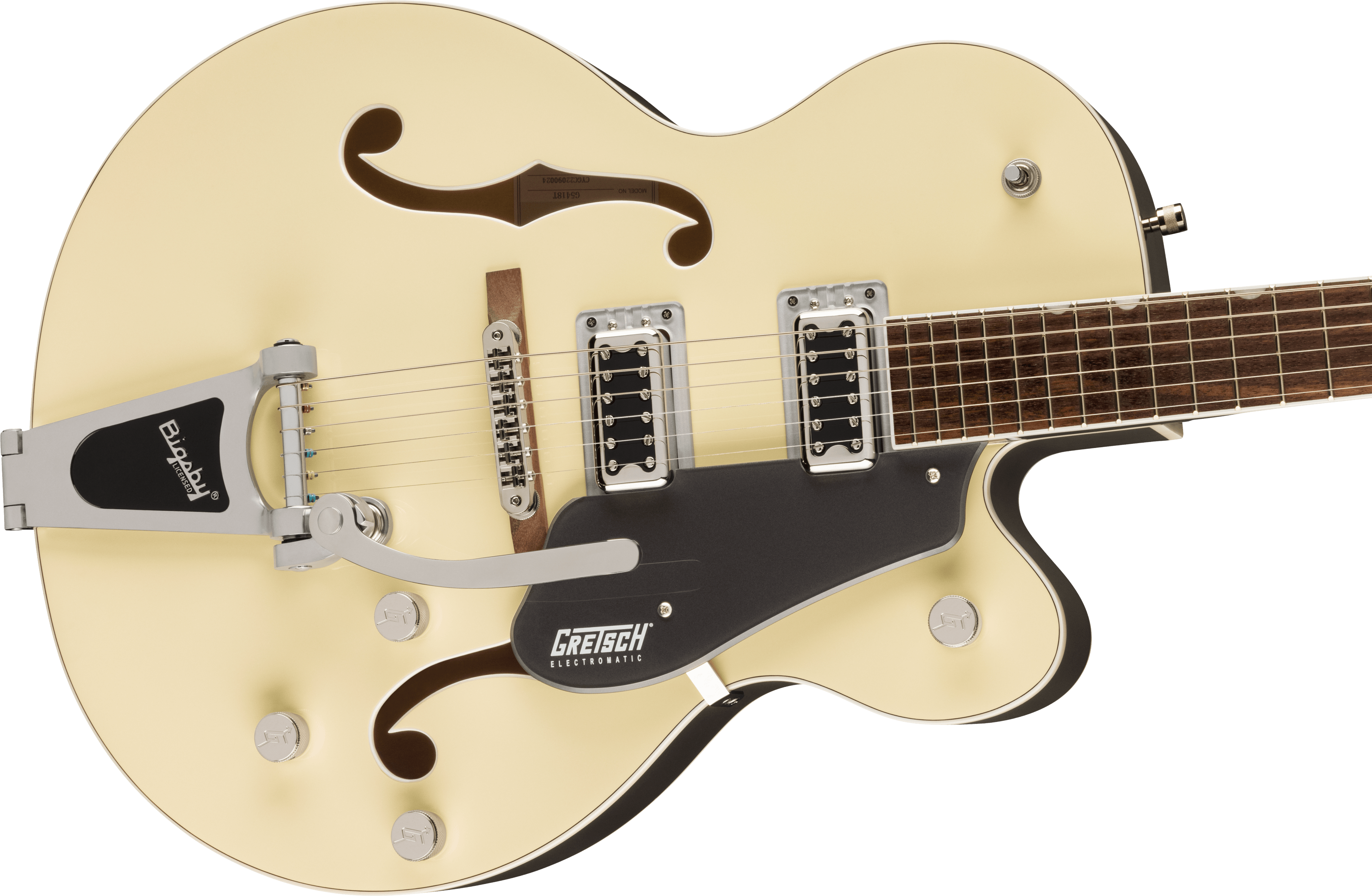 Cream-colored electric guitar with two chrome pickups, f-holes, four knobs, a Bigsby tremolo, and a dark pickguard labeled Gretsch Electromatic.