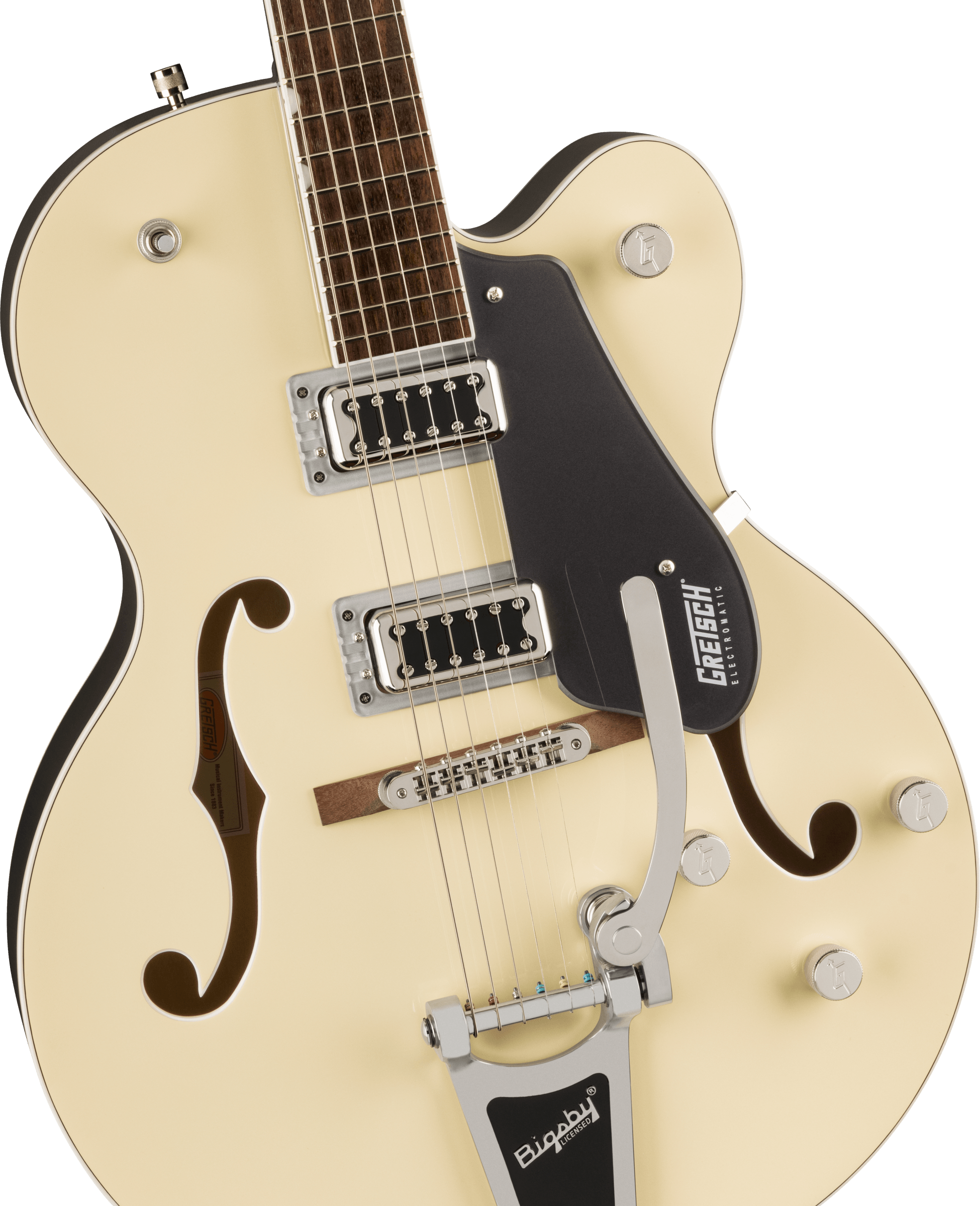 Cream-colored Gretsch electric guitar with two chrome pickups, f-holes, a black pickguard, control knobs, and a Bigsby tremolo arm.