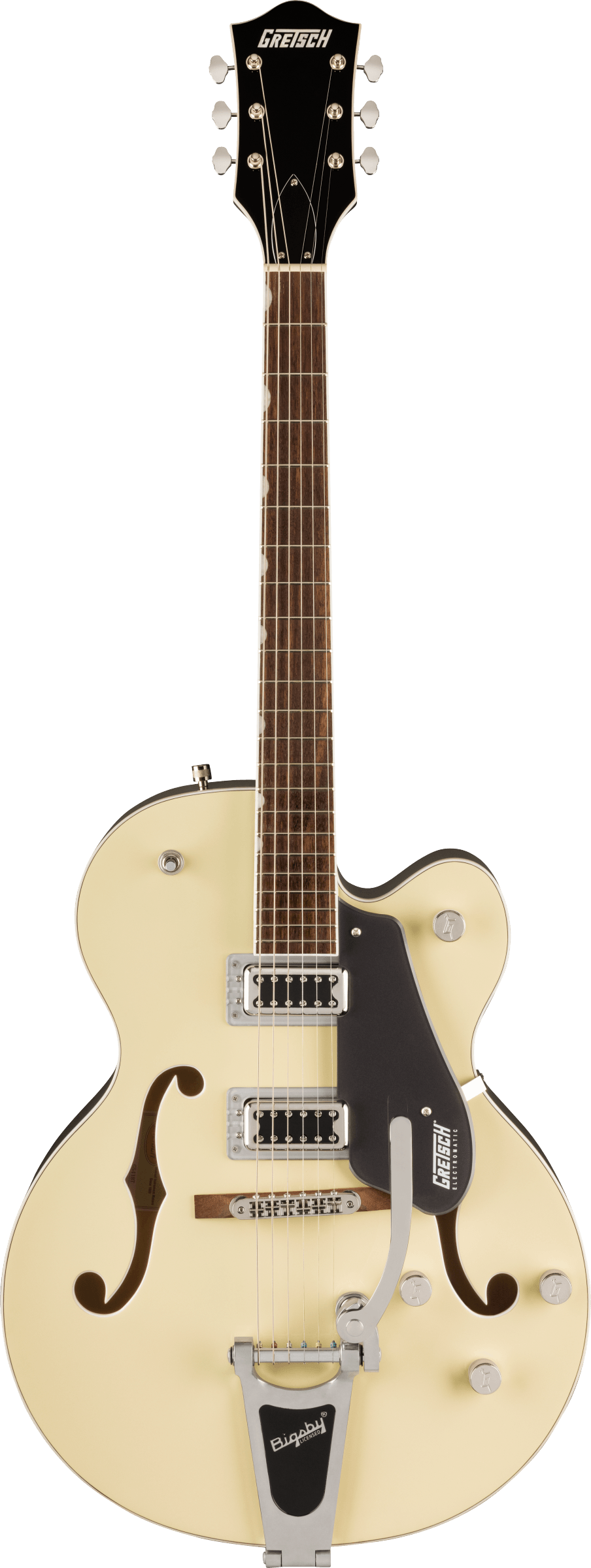 Cream-colored Gretsch electric guitar with two pickups, f-shaped sound holes, silver Bigsby tremolo, and a black pickguard. Hollow body style.