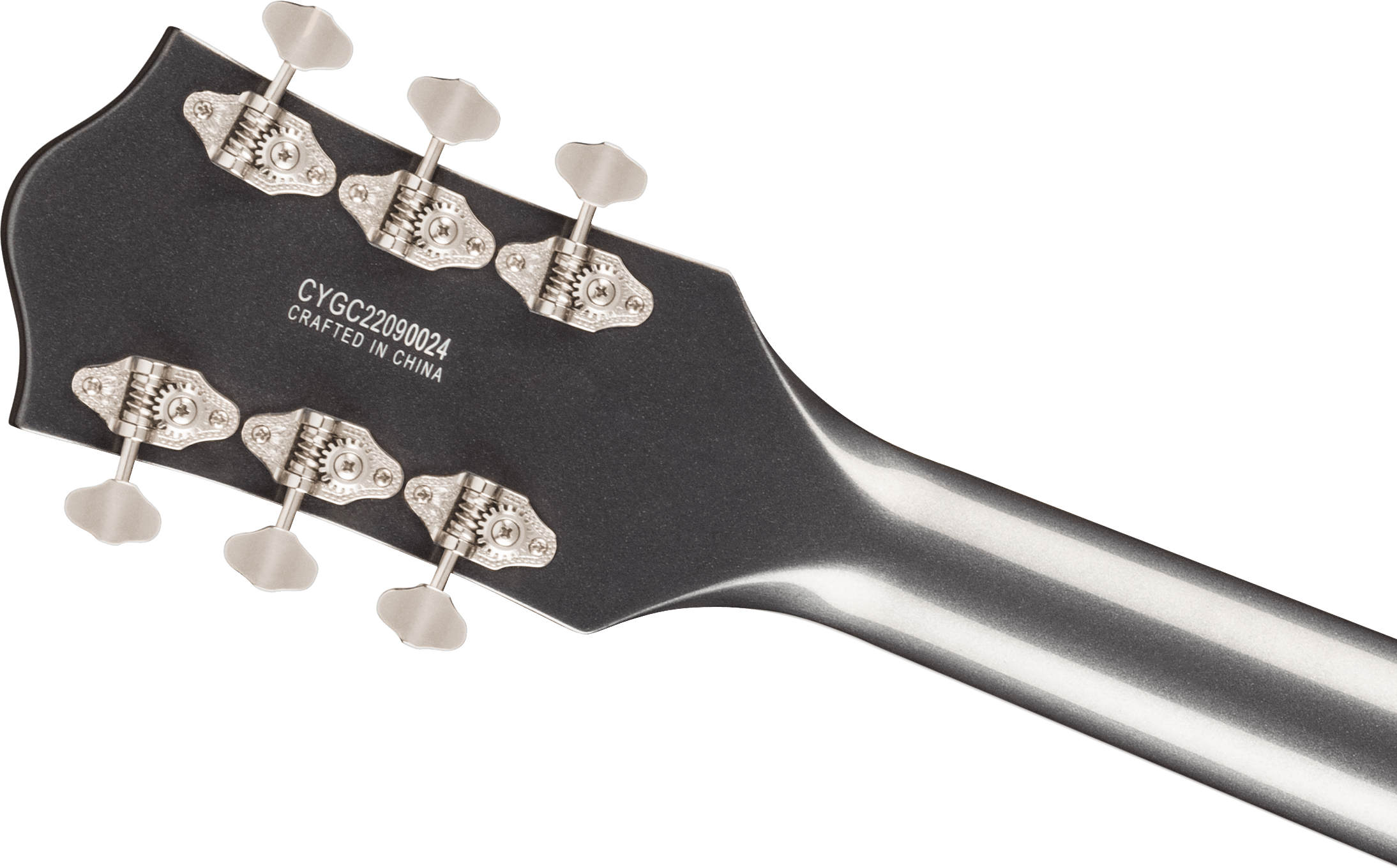Back of an electric guitar headstock showing six vintage-style tuning keys and a visible serial number with "Crafted in China" label.