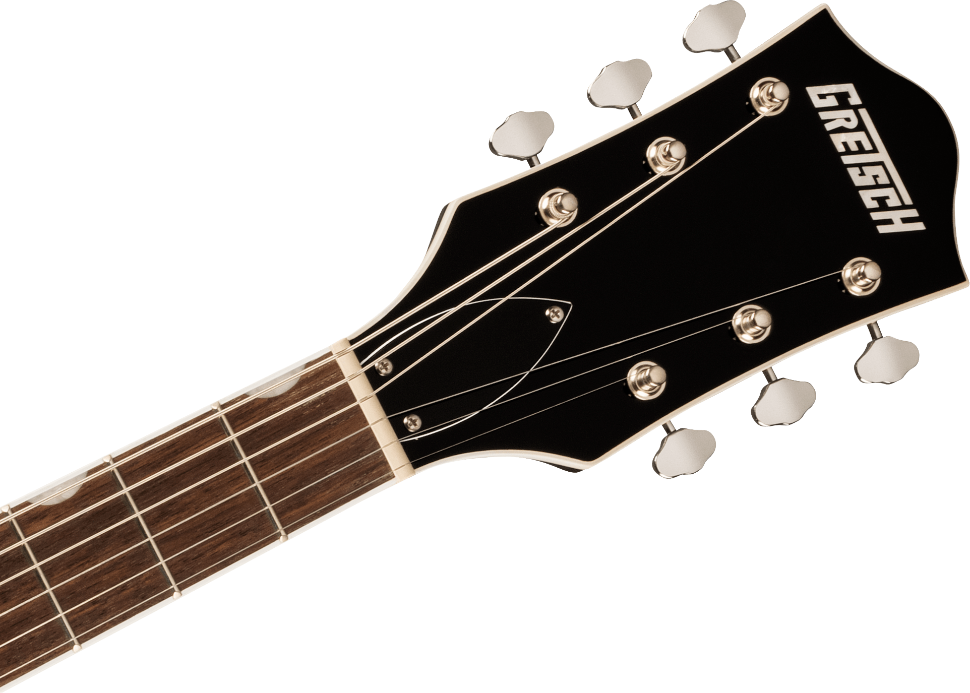 Black Gretsch electric guitar headstock with six tuning pegs, chrome hardware, and a rosewood fretboard.