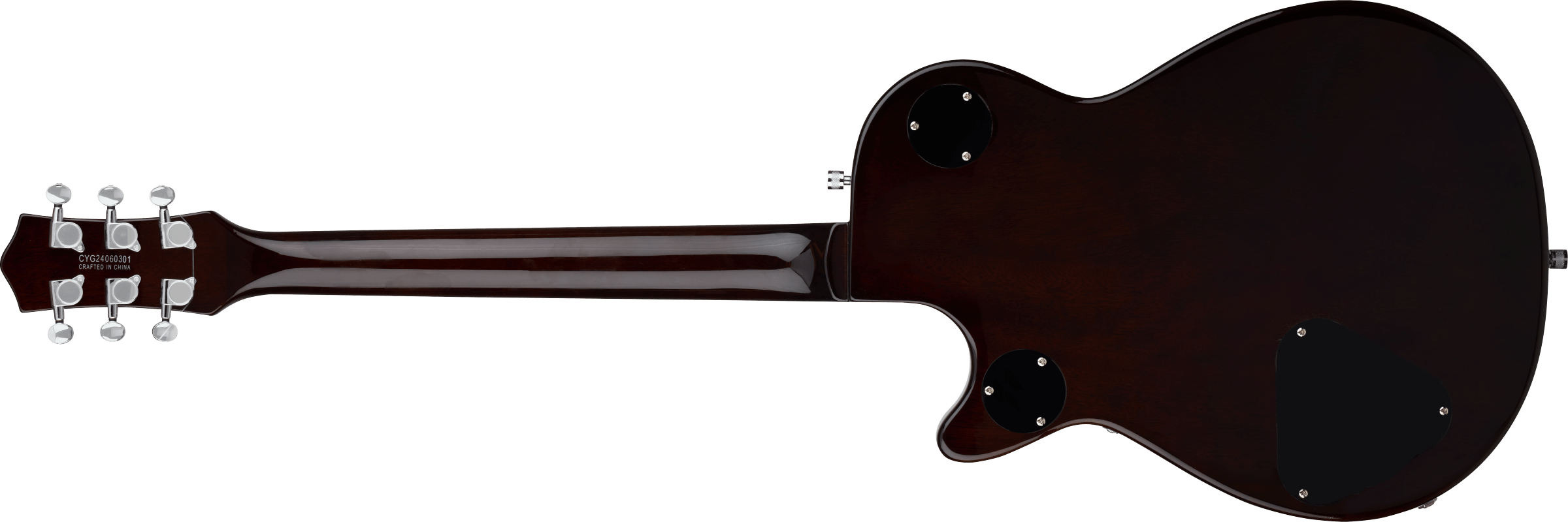 Back view of a dark brown electric guitar showing chrome tuners, neck, and two black plastic plates on the body for electronics access.