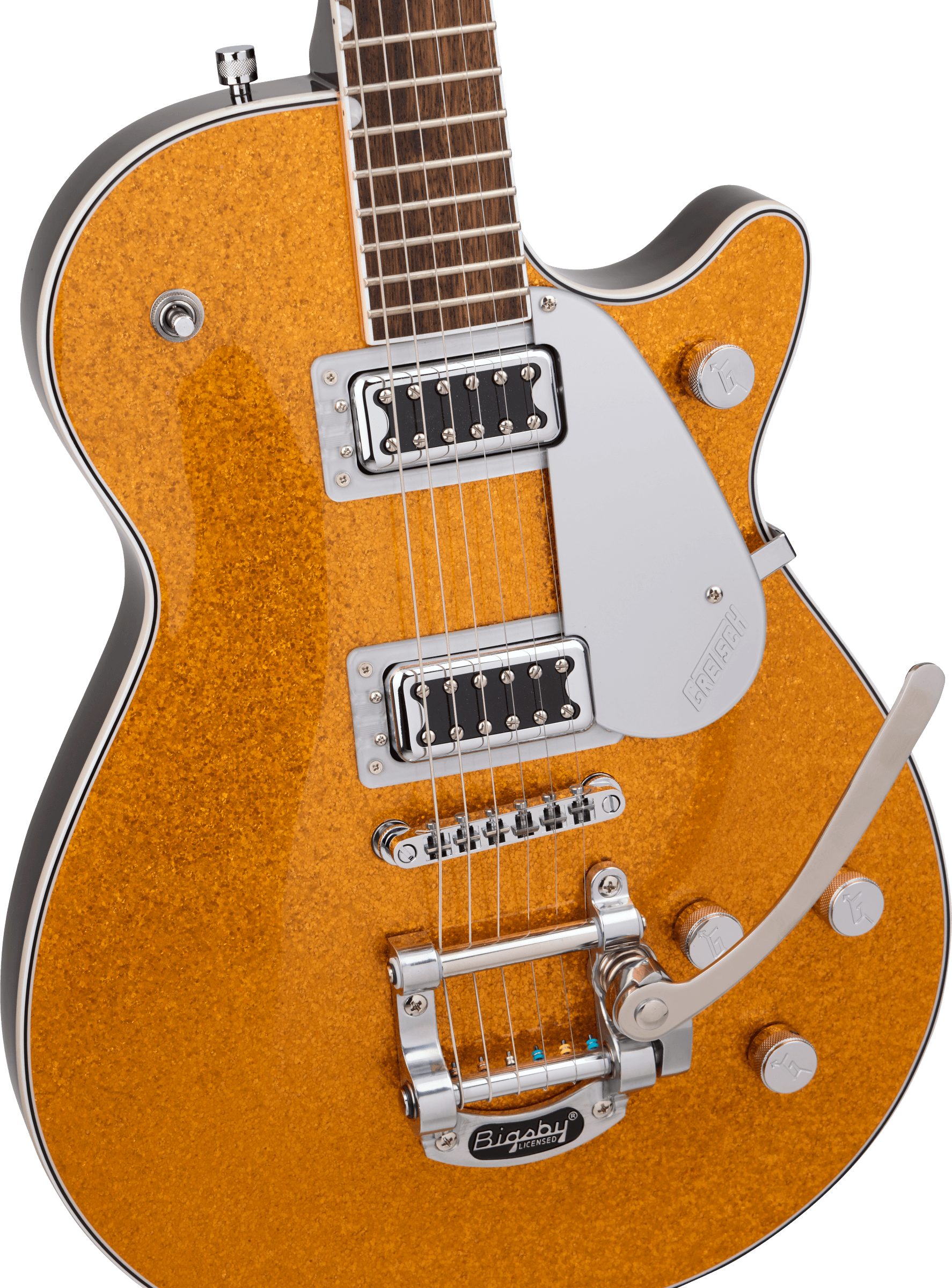 Gold sparkle-finish electric guitar with chrome hardware, two humbucker pickups, Bigsby tremolo arm, three control knobs, and a pickguard.