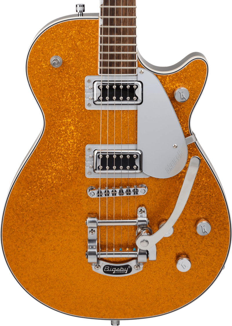 Electric guitar with a gold glitter body, two chrome humbucker pickups, silver pickguard, three control knobs, and a Bigsby tremolo arm.
