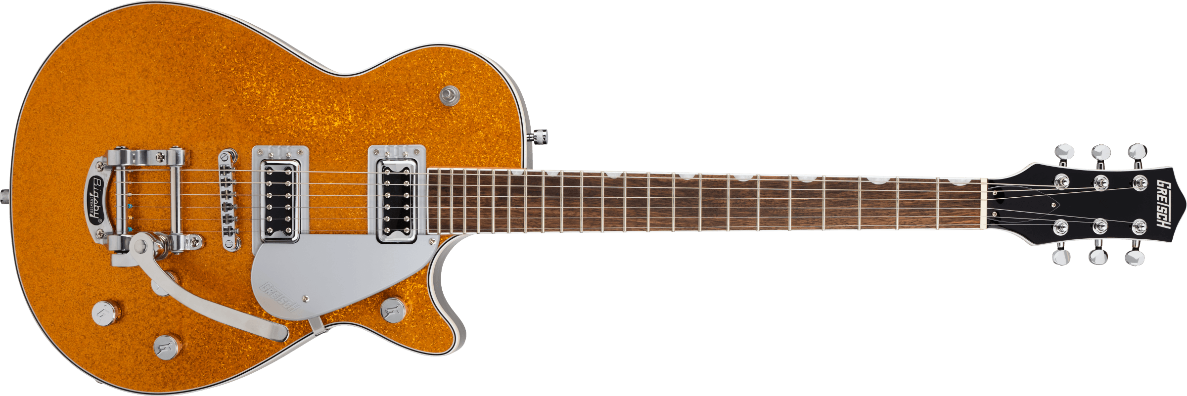 Electric guitar with a sparkly orange body, two silver humbucker pickups, Bigsby tremolo, chrome hardware, and a rosewood fretboard.