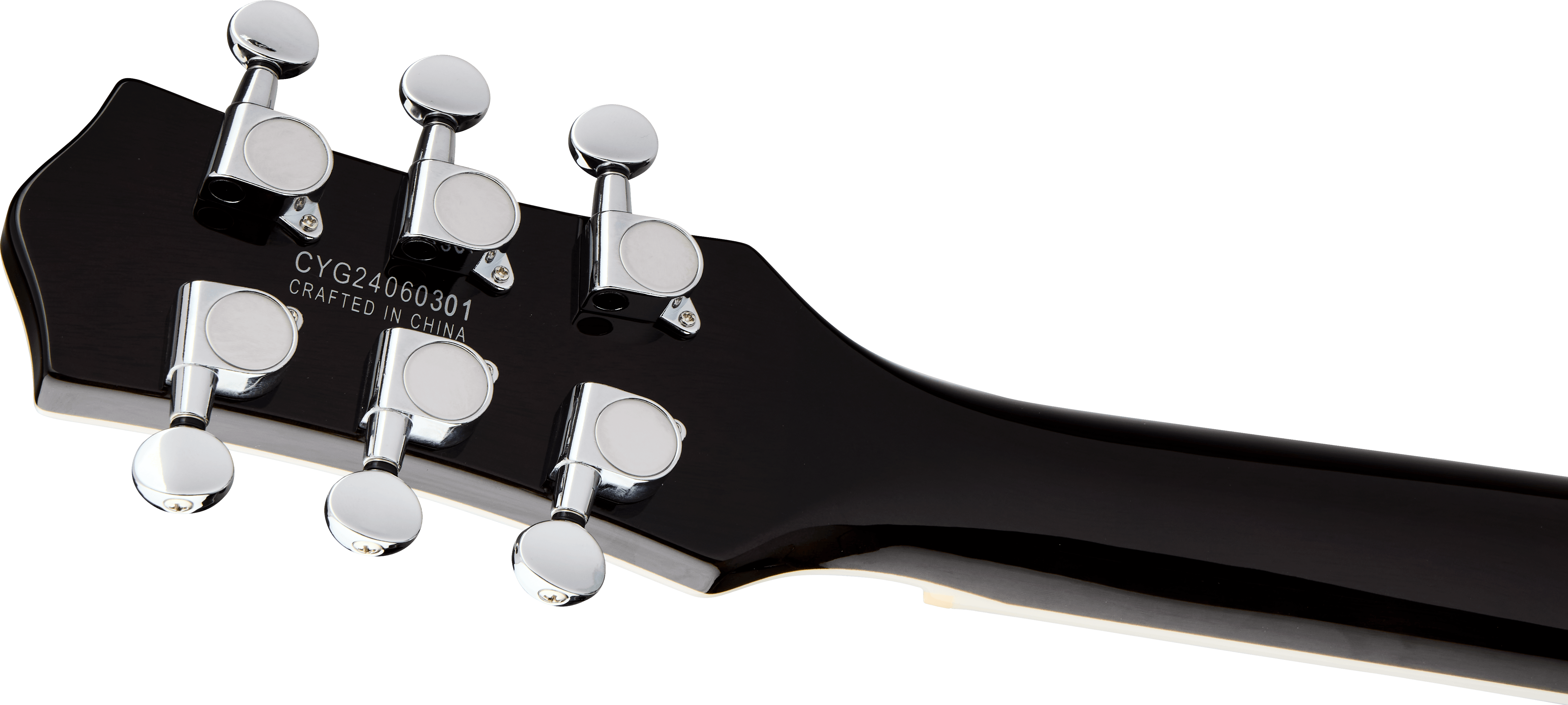 Six chrome tuning pegs on a glossy black electric guitar headstock, with "CYG24060301 Crafted in China" printed in white text.