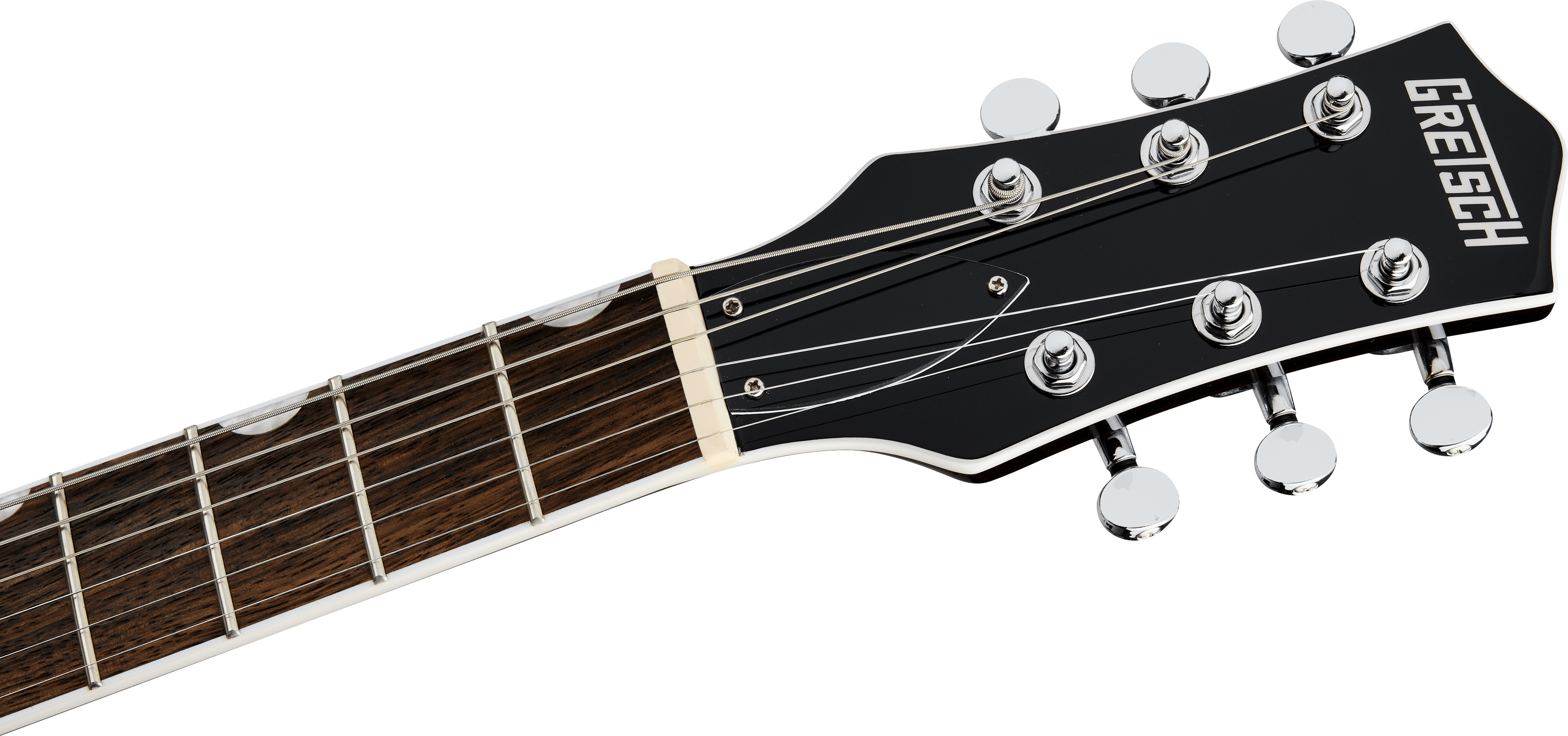 Gretsch electric guitar headstock with chrome tuning pegs, black faceplate, and "GRETSCH" logo, attached to a dark wood fretboard.