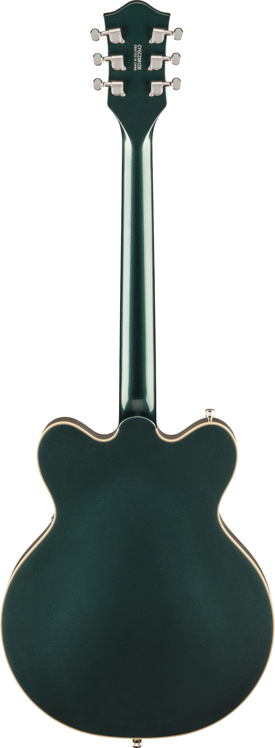 Green electric guitar shown from the back, double cutaway body, cream binding, six chrome tuning pegs, smooth glossy finish on body and neck.