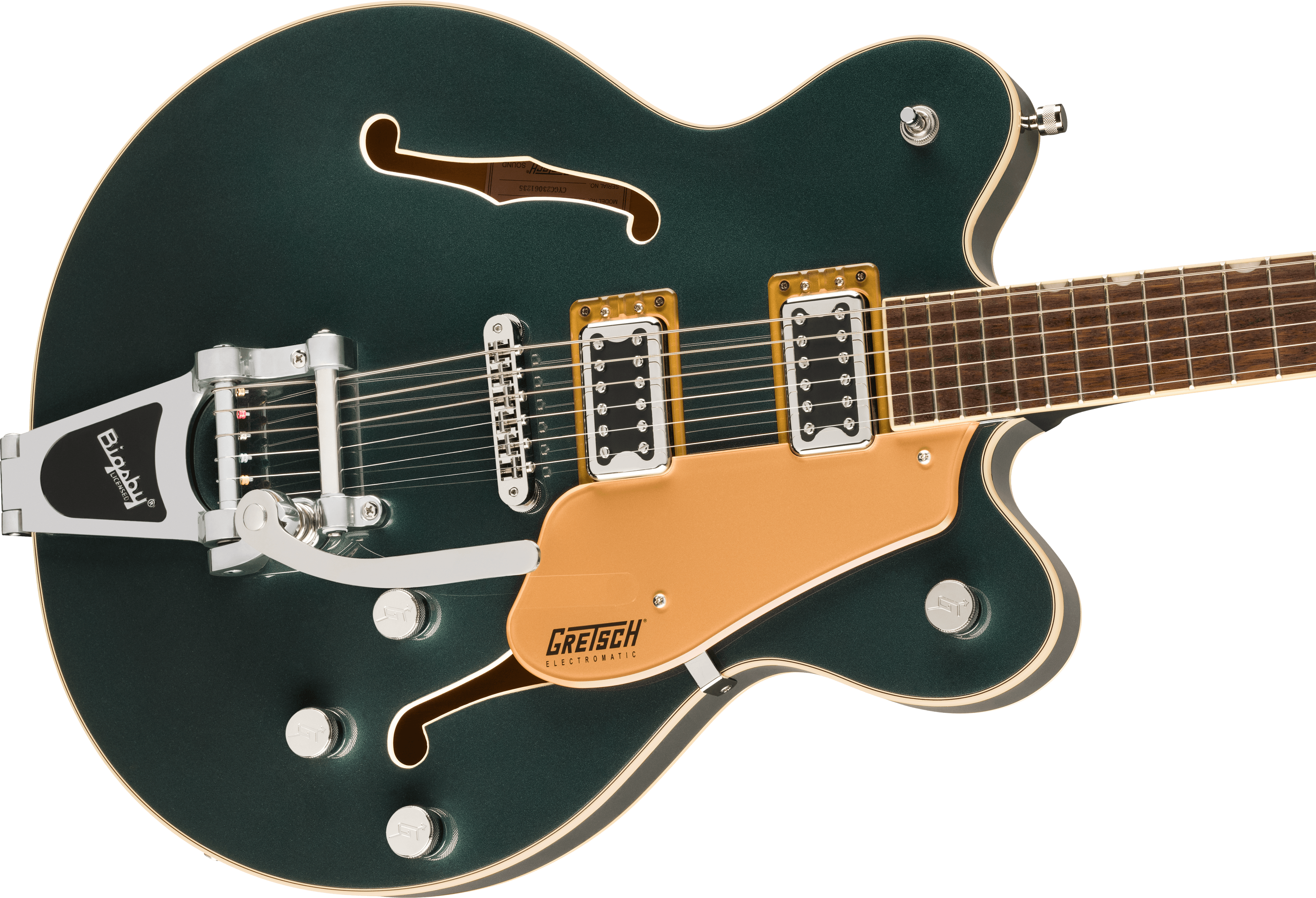 Green semi-hollow electric guitar with gold pickguard, two chrome pickups, white knobs, f-shaped sound holes, and a silver Bigsby tremolo arm.