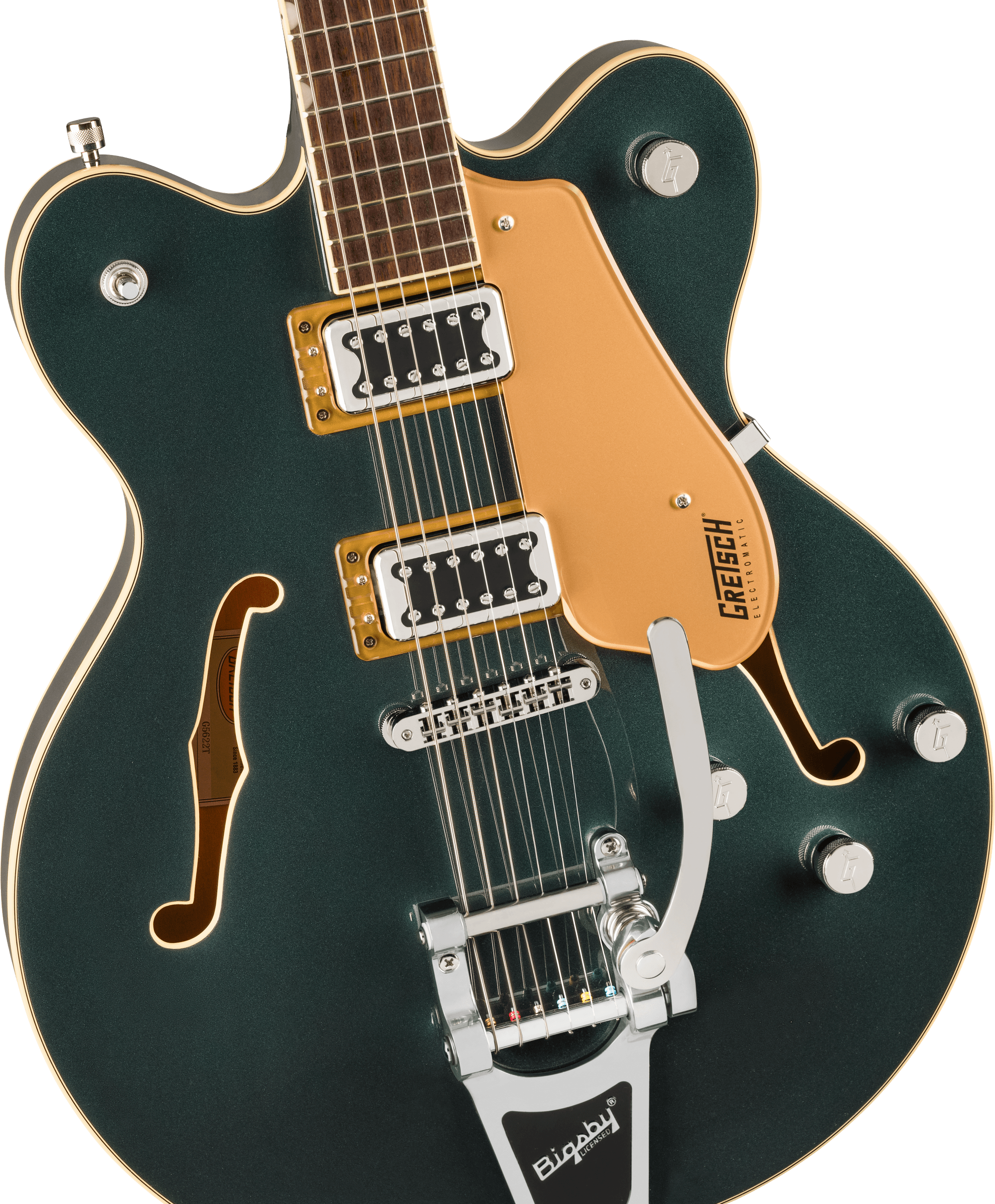 Dark green semi-hollow electric guitar with gold pickguard, two chrome pickups, four control knobs, and a Bigsby tremolo arm.