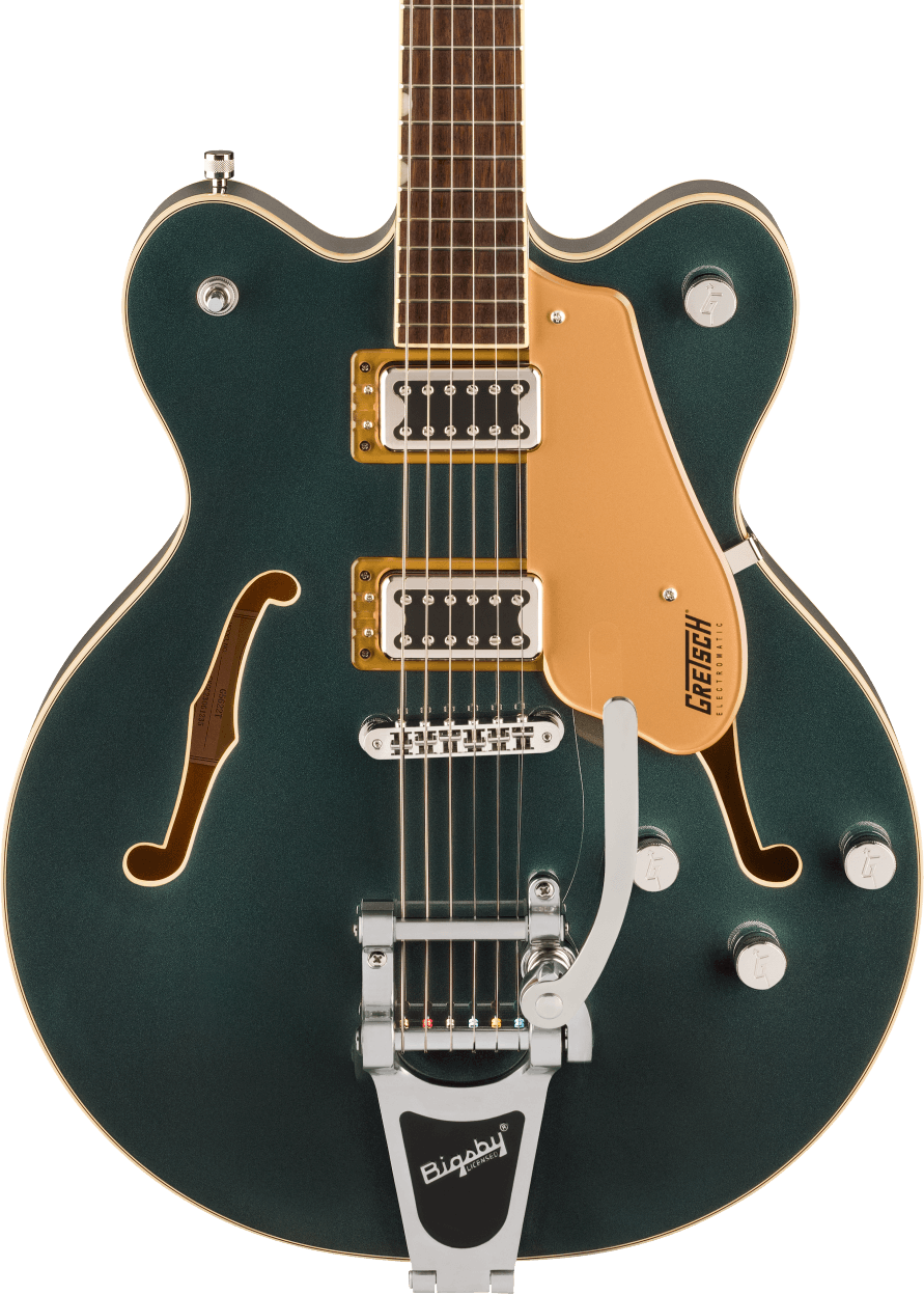 Dark green Gretsch electric guitar with gold pickguard, two pickups, two f-shaped sound holes, and a silver Bigsby vibrato tailpiece.