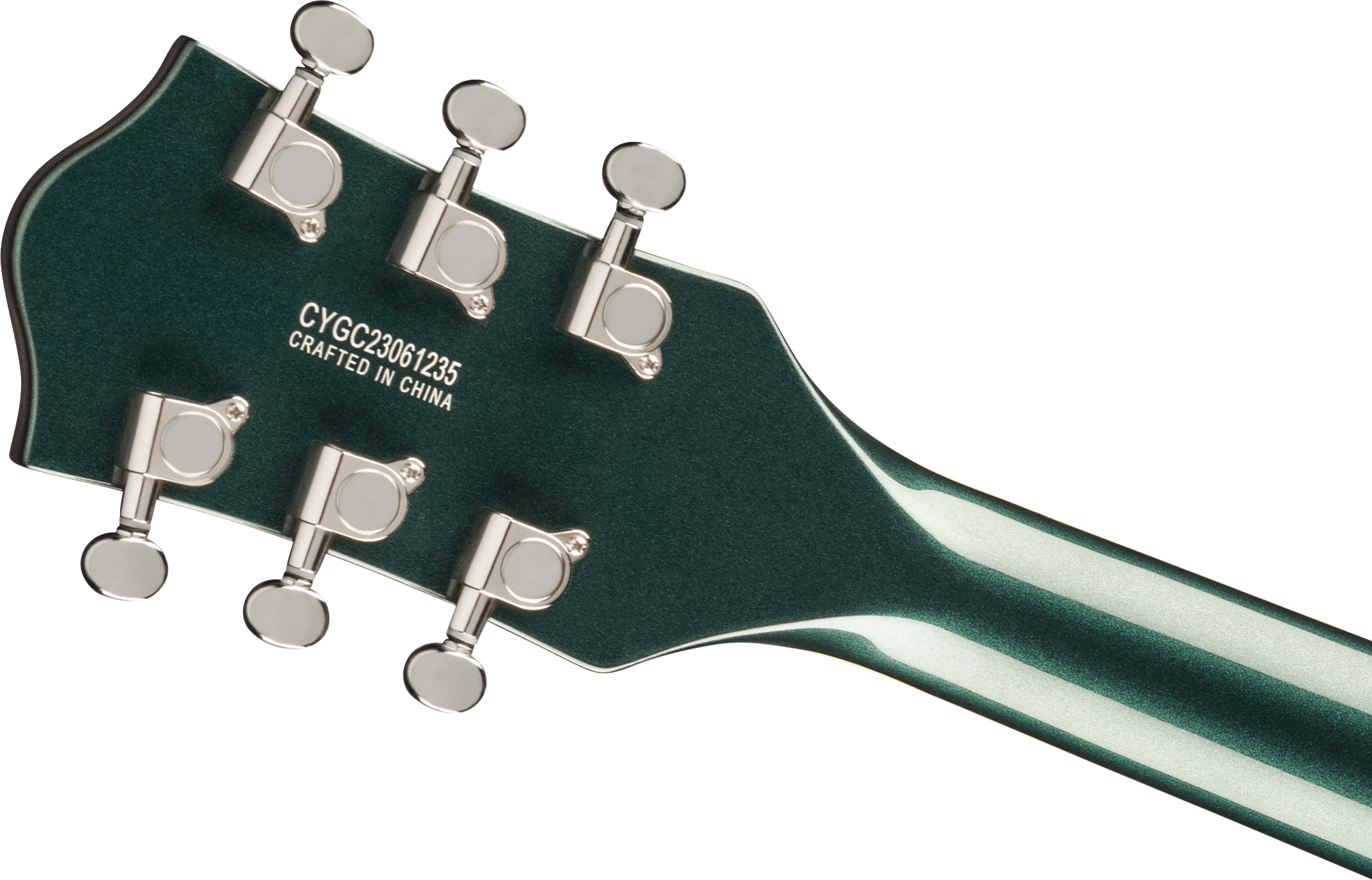 Green electric guitar headstock with six silver tuning pegs and serial number CYGC23061235, crafted in China.