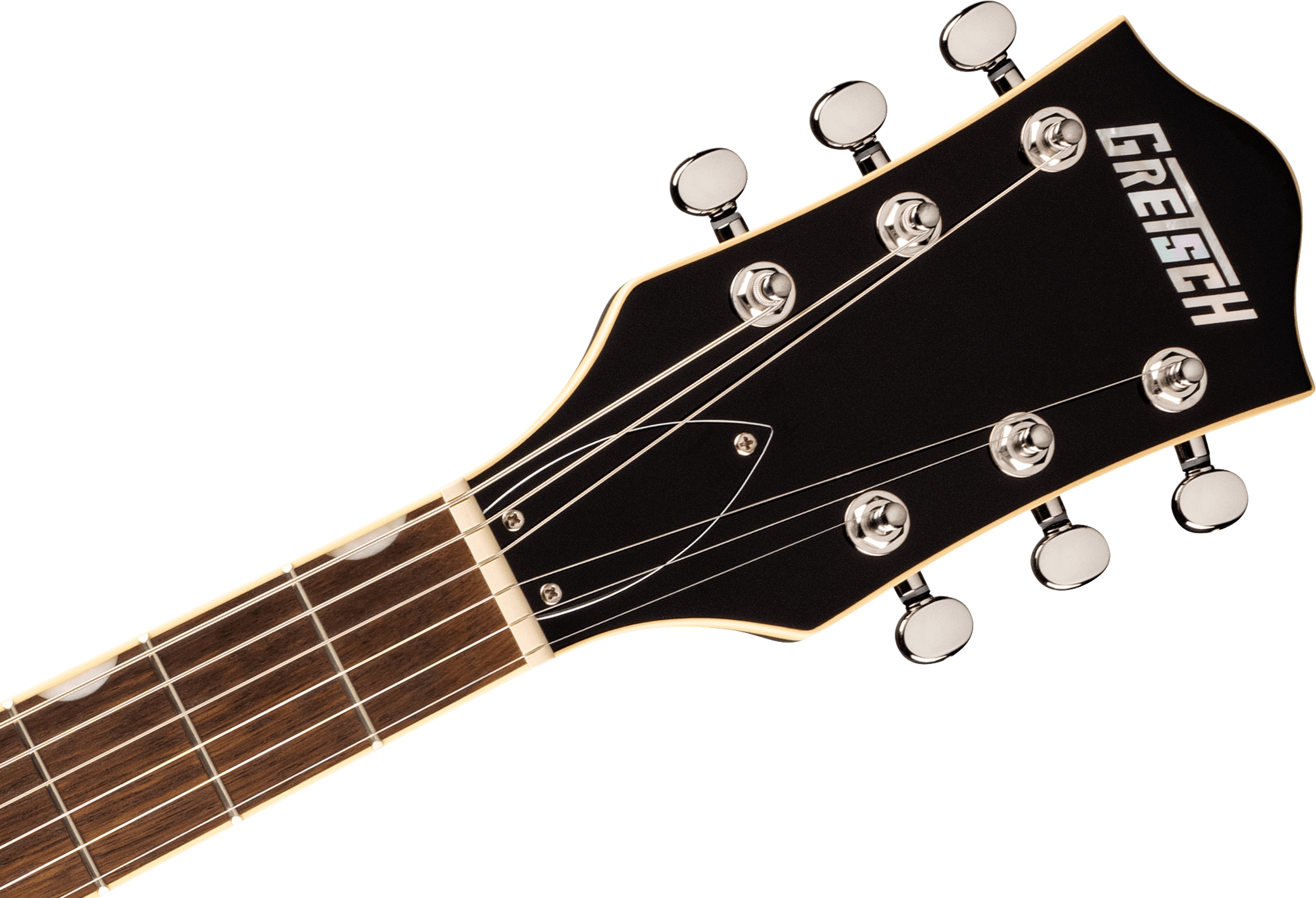 Six-string Gretsch electric guitar headstock with chrome tuning pegs, black finish, and inlaid GRETSCH logo.