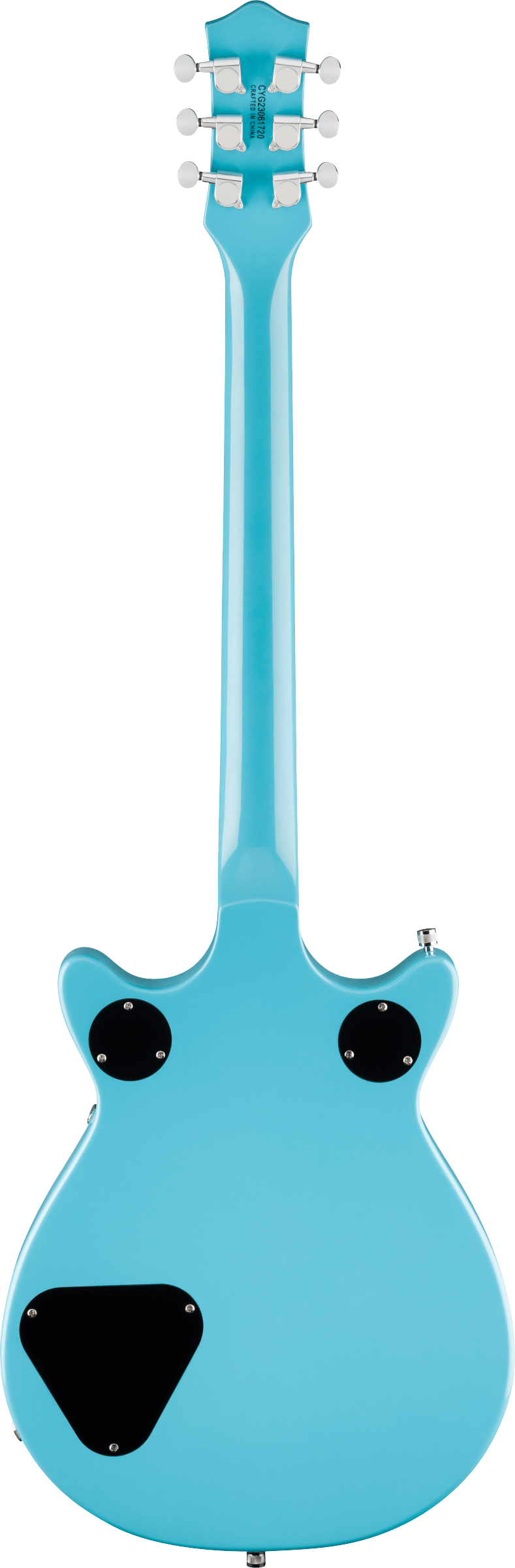 A solid light blue electric guitar viewed from the back, with black control cavity covers and six silver tuning pegs on the headstock.