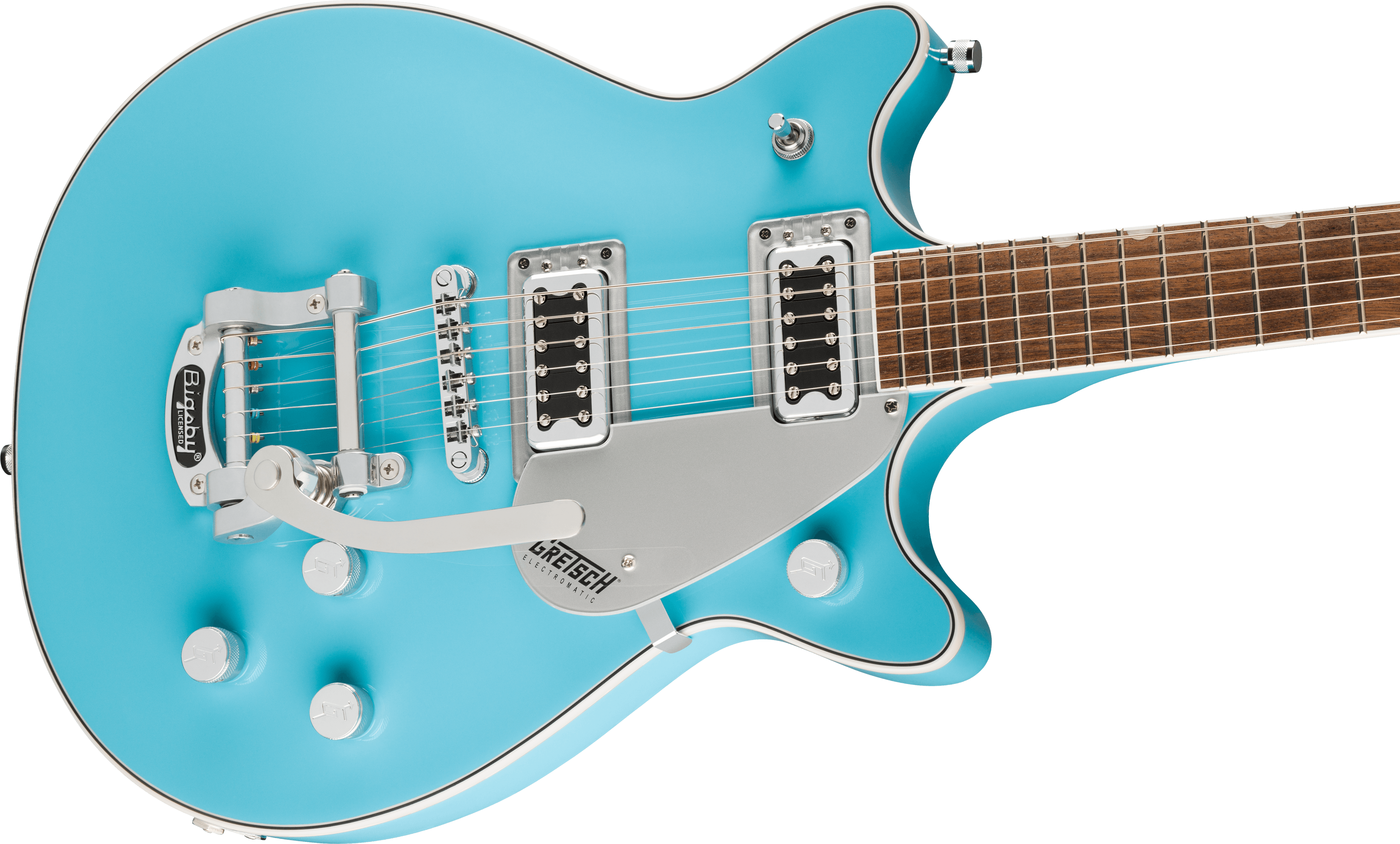 Electric guitar in glossy light blue with silver hardware, dual pickups, four white knobs, Bigsby tremolo, and a brown fretboard.