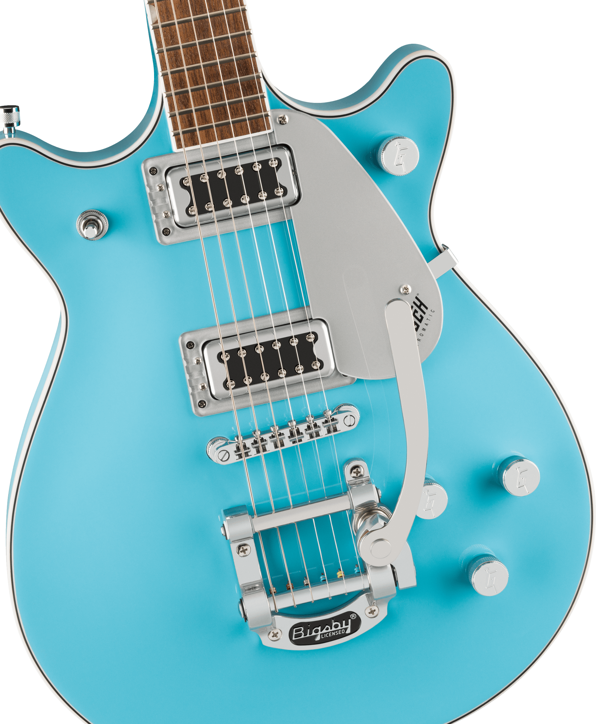 Bright blue electric guitar with two chrome humbucker pickups, four control knobs, and a Bigsby tremolo arm system.