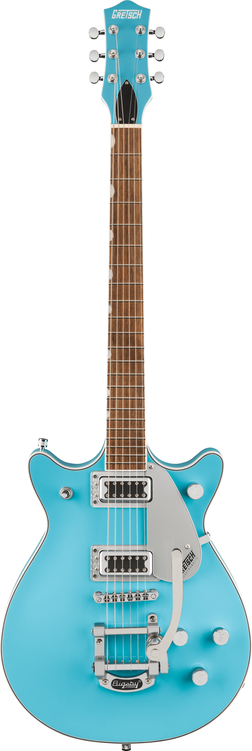Gretsch electric guitar in bright turquoise with chrome hardware, two pickups, and a Bigsby vibrato tailpiece, featuring a double-cutaway body.