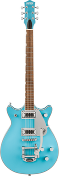 Gretsch electric guitar in bright turquoise with chrome hardware, two pickups, and a Bigsby vibrato tailpiece, featuring a double-cutaway body.