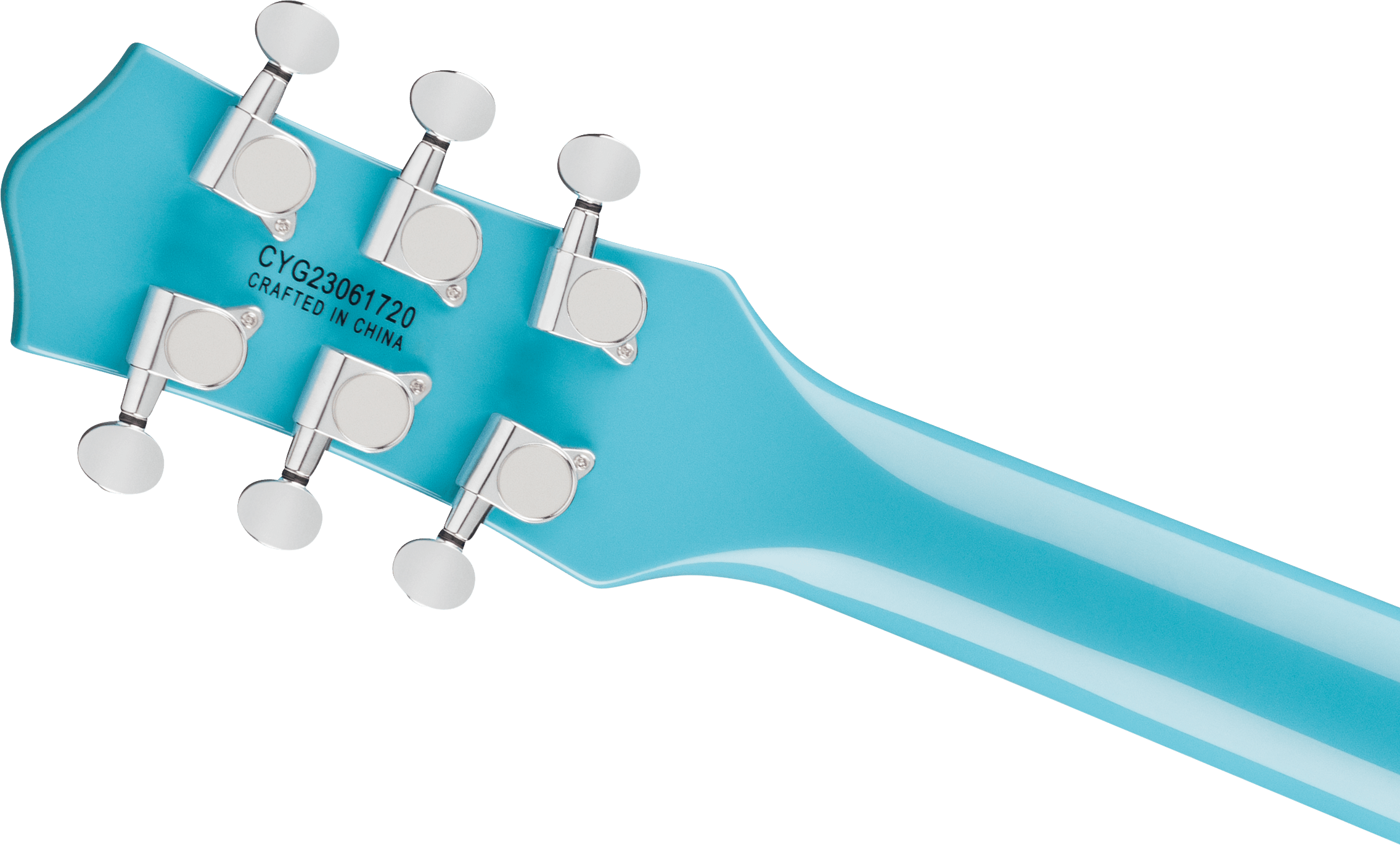 The back of a light blue electric guitar headstock with six chrome tuning pegs and "Crafted in China" printed in black text.