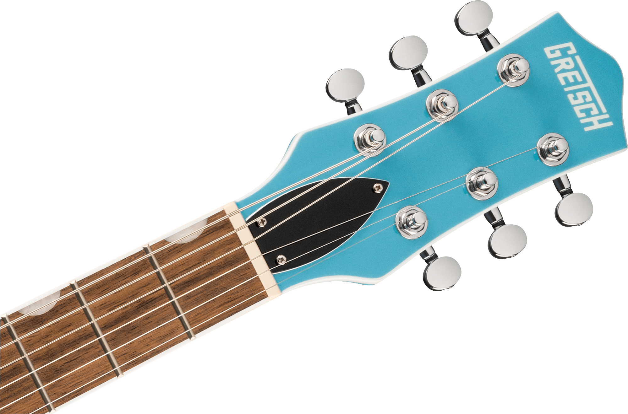 A turquoise electric guitar headstock with six tuning pegs, silver hardware, and "Gretsch" written in white, attached to a wooden fretboard.