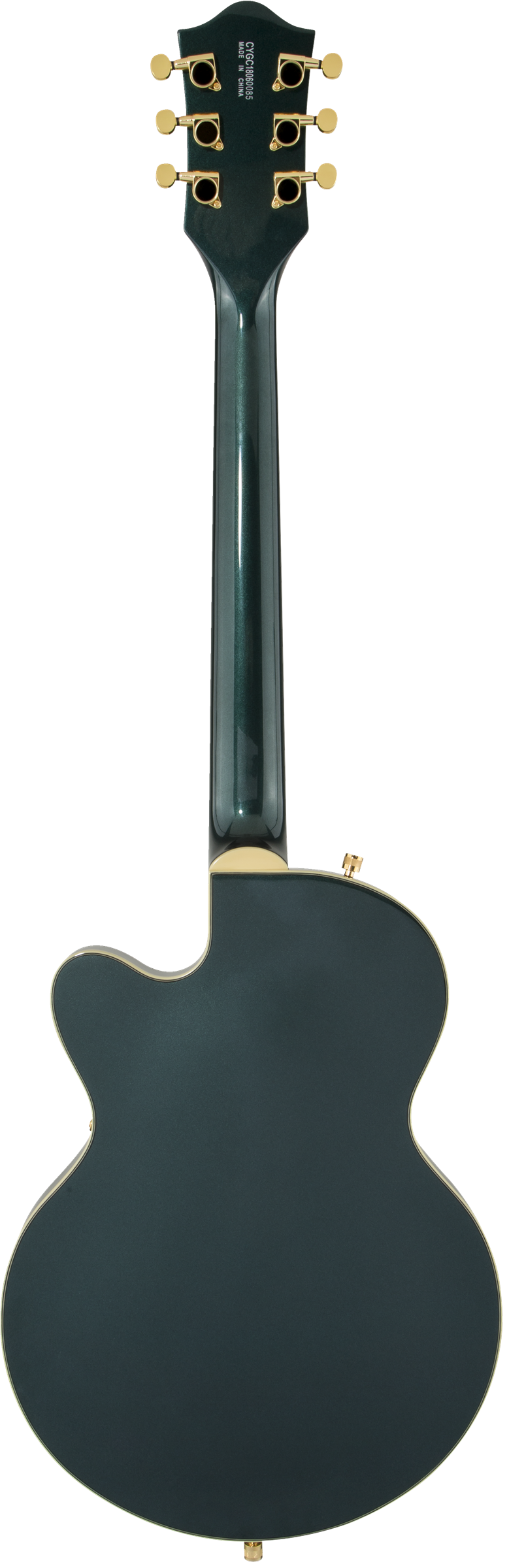 Rear view of green electric guitar with a single cutaway, gold tuning pegs, and a smooth, glossy finish on the neck and body.