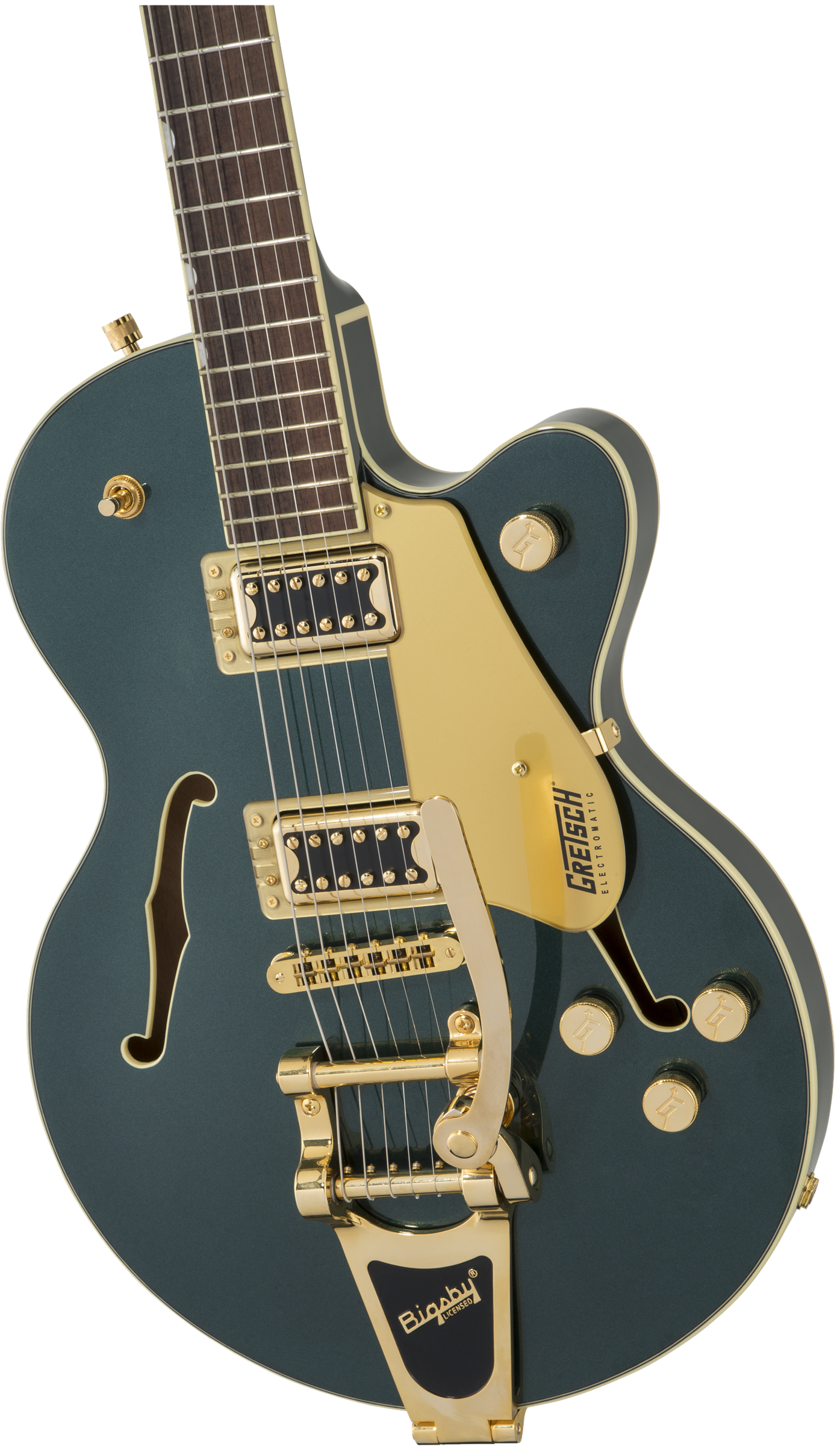 Dark green hollowbody electric guitar with gold hardware, two humbucker pickups, Bigsby tremolo, and "f" shaped sound holes on the body.