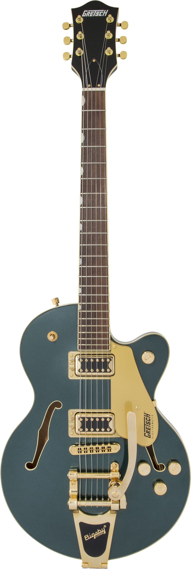 Gretsch electric guitar with metallic blue body, gold hardware, two humbucker pickups, a Bigsby tremolo, and an f-shaped sound hole.