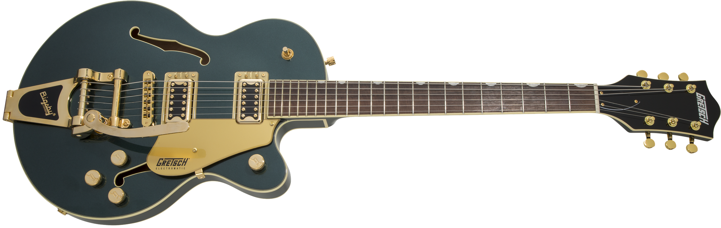 Hollow-body electric guitar in metallic green with gold hardware, two humbucker pickups, Bigsby tremolo, and distinct Gretsch branding.