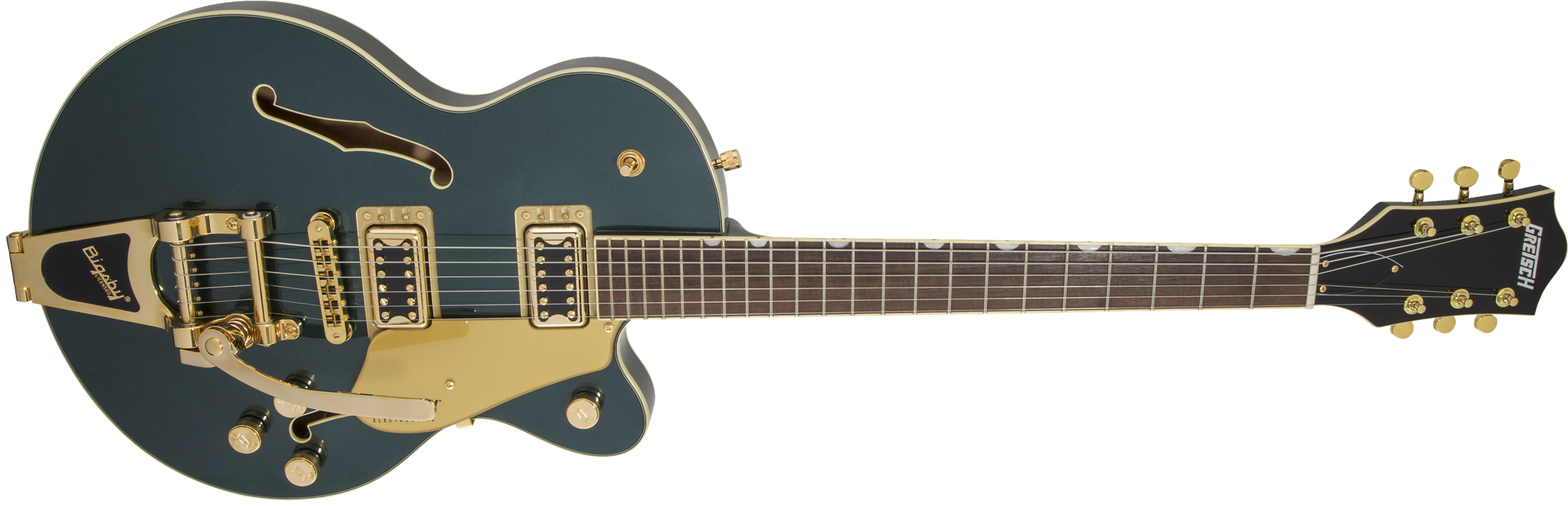 Hollow body electric guitar in dark metallic blue with gold hardware, two pickups, Bigsby vibrato tailpiece, and f-shaped sound hole on the body.