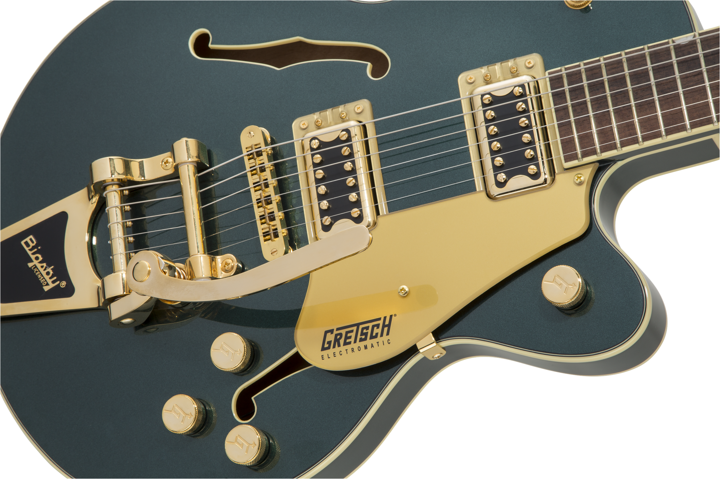 Gretsch Electromatic electric guitar in dark green with gold hardware, two pickups, Bigsby tremolo, gold pickguard, and f-shaped sound hole.