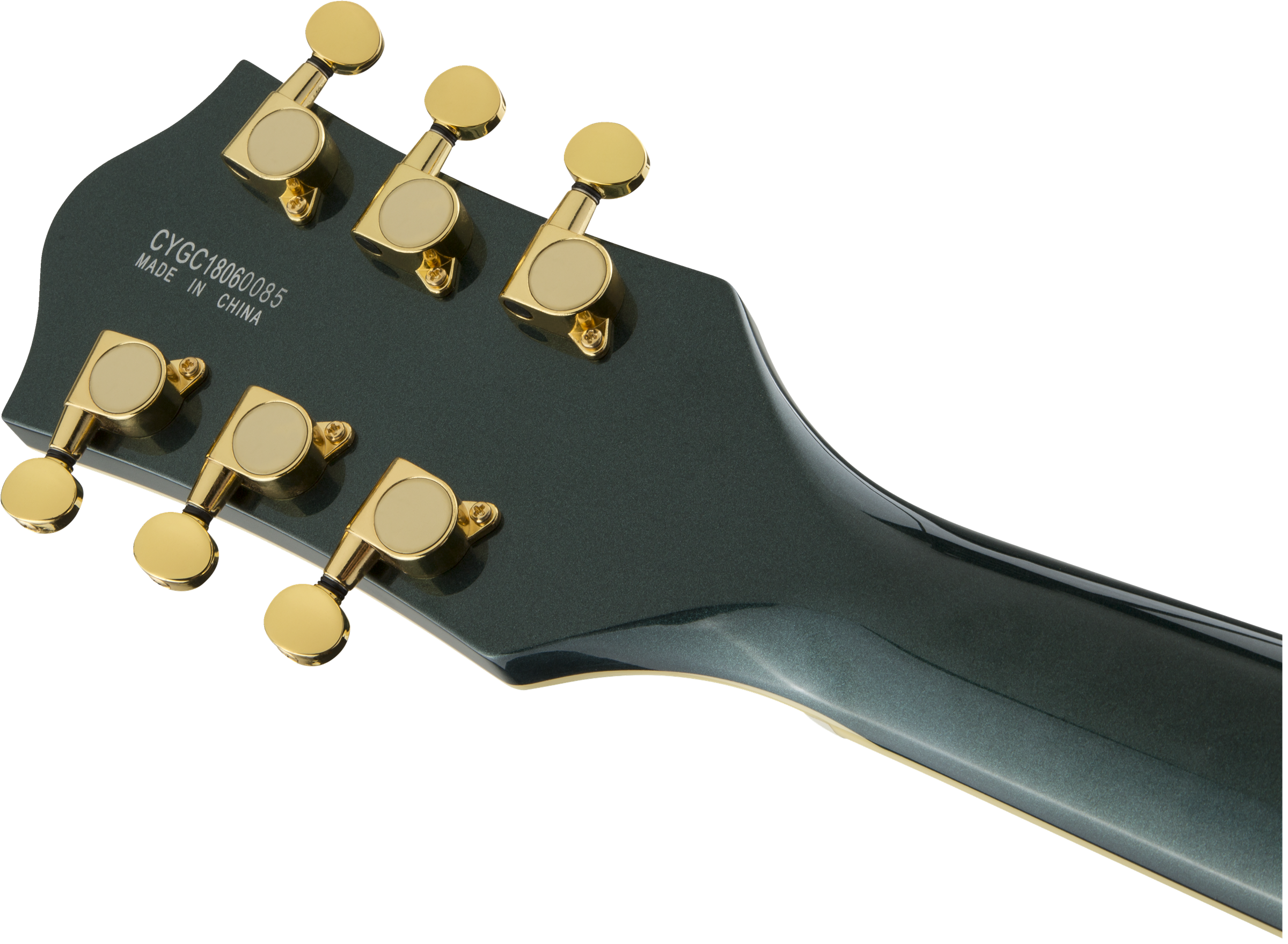 Six gold tuning pegs on a metallic dark-green electric guitar headstock; “Made in China” and a serial number are printed in white.