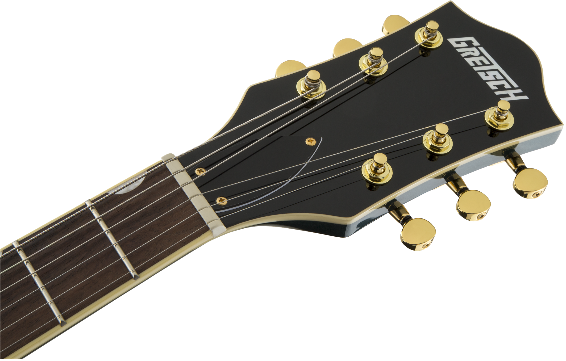 Close-up of a Gretsch electric guitar headstock with gold tuning pegs, black finish, and white logo, showing part of the fretboard and strings.