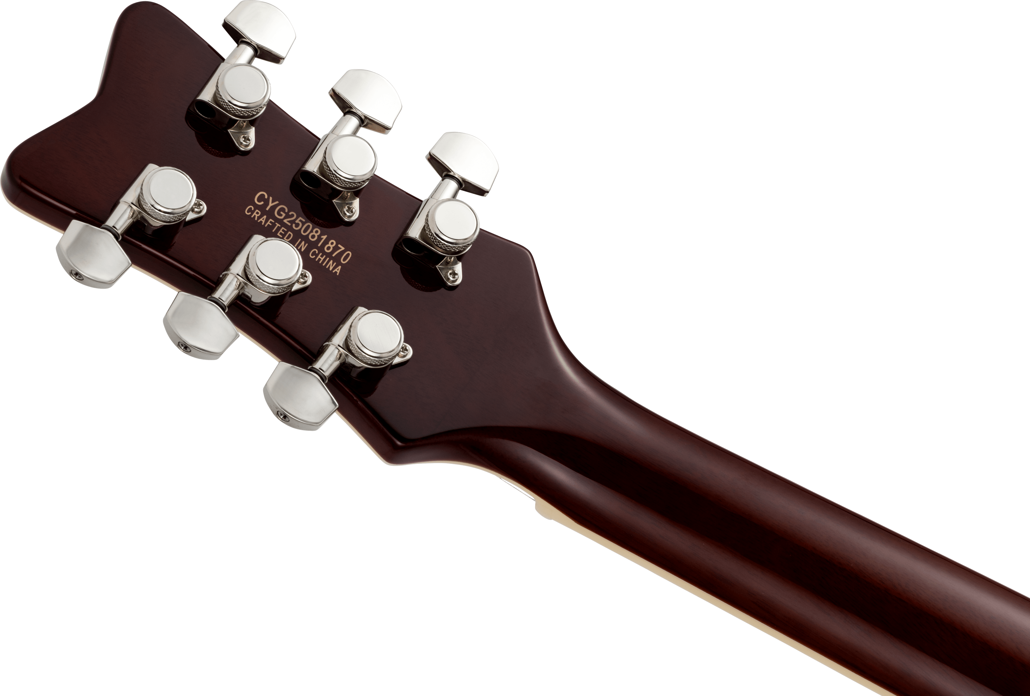Back of an electric guitar headstock showing six chrome tuning pegs and the serial number CYG25081870 with "Crafted in China" text.