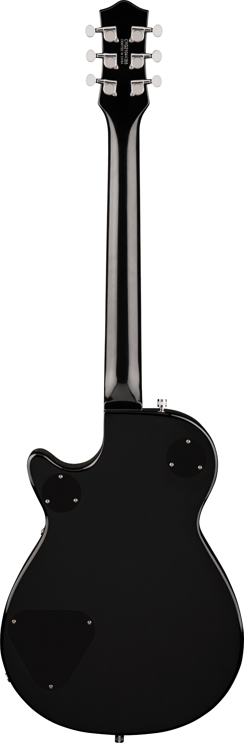 Glossy black electric guitar shown from the back, with chrome tuners, a single cutaway body, and three rear access panels attached by screws.