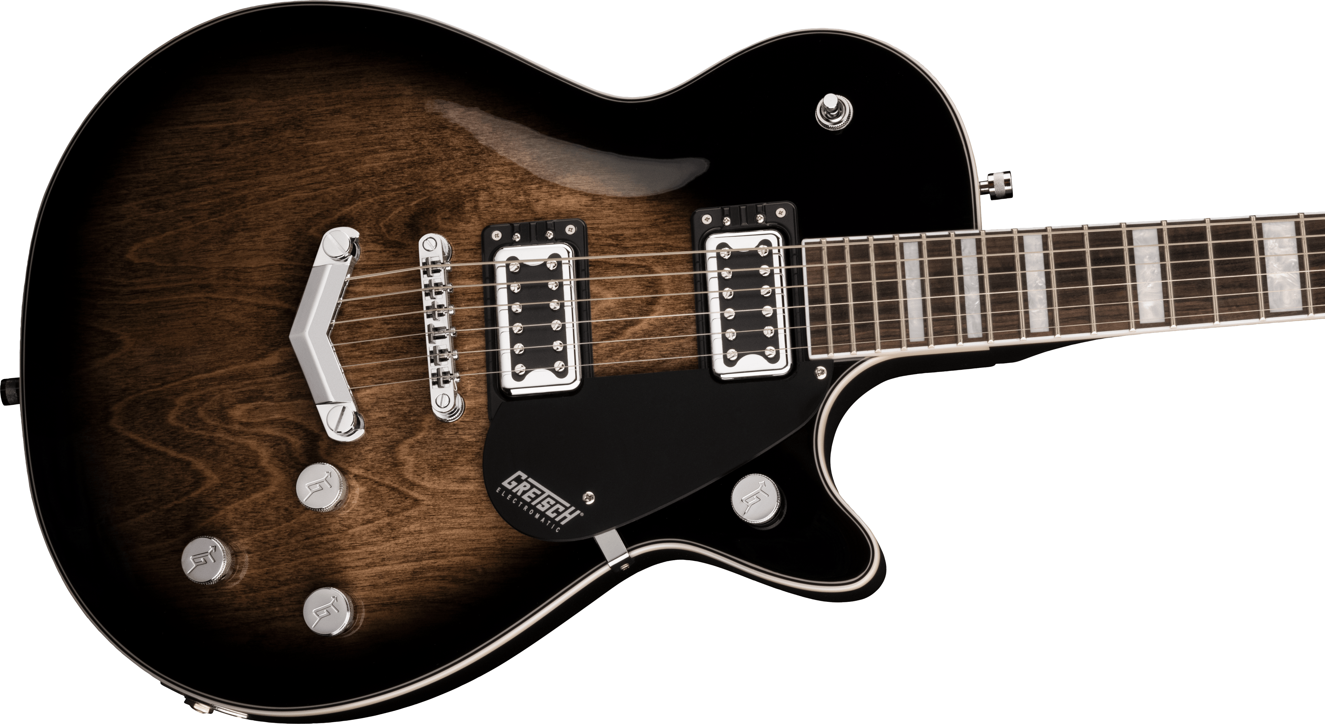 Brown and black electric guitar with dual silver pickups, four control knobs, and a chrome bridge, Gretsch Electromatic branding on the pickguard.