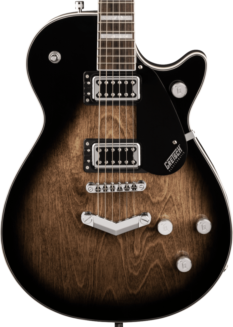 Electric guitar with a single-cutaway body, black and brown wood finish, two chrome humbucker pickups, four control knobs, and silver bridge.
