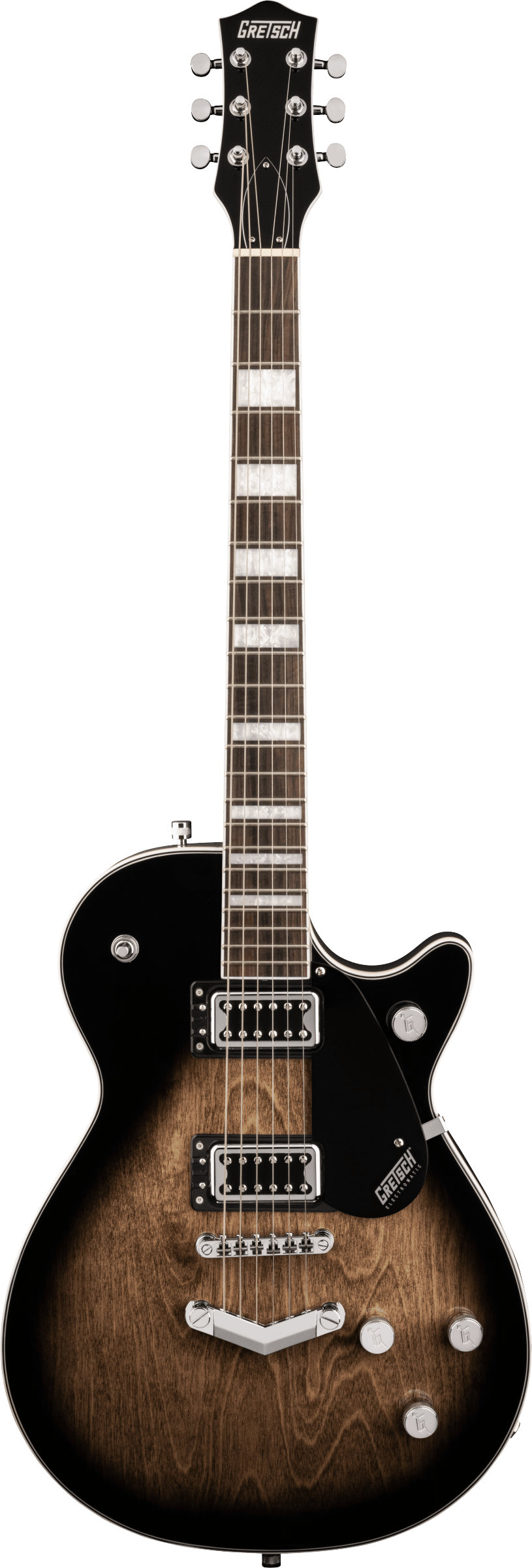 Gretsch electric guitar with a dark burst finish, silver hardware, two humbucker pickups, three control knobs, and block inlays on the fretboard.