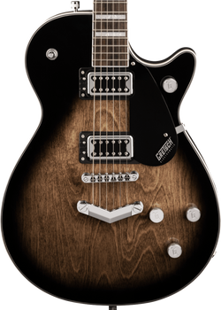 Electric guitar with a single-cutaway body, black and brown wood finish, two chrome humbucker pickups, four control knobs, and silver bridge.