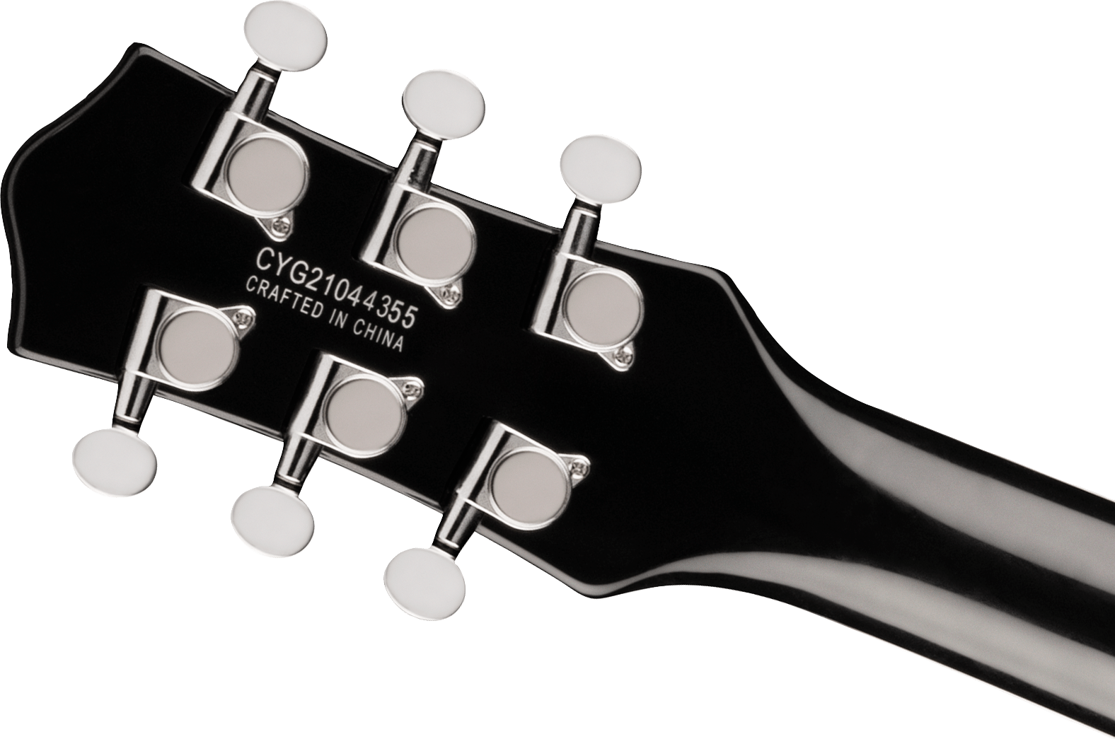 Back of an electric guitar headstock showing six chrome tuning pegs, white buttons, and serial number CYG21044355 with “Crafted in China” text.