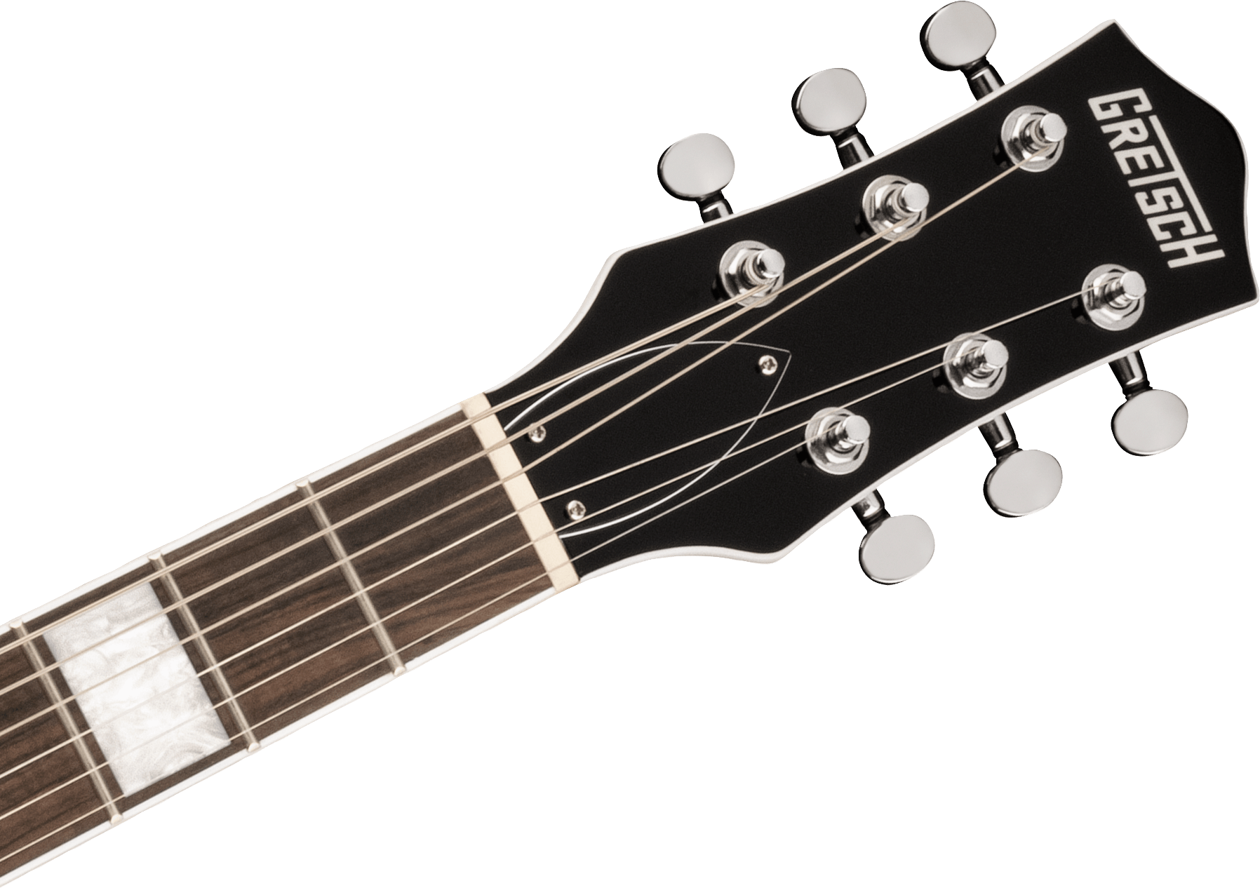 Black headstock of a Gretsch electric guitar with six tuning pegs, silver strings, and a dark fretboard with a large pearly inlay.