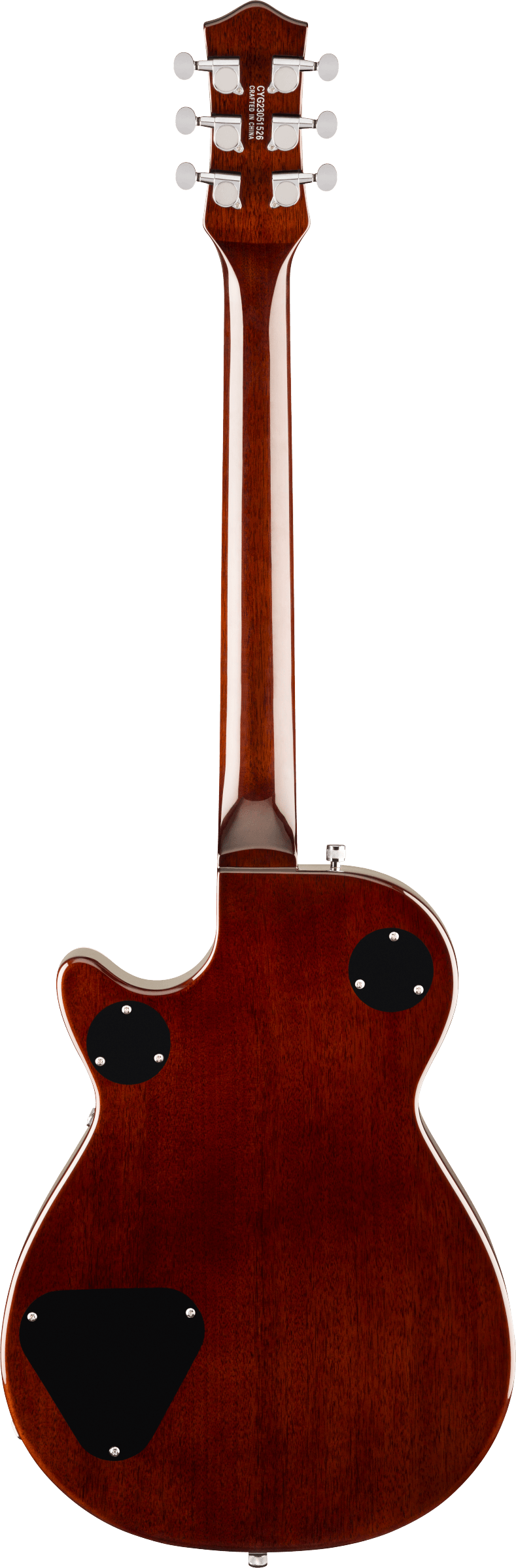 Back view of a glossy brown electric guitar with chrome tuning pegs and three black plastic covers on the body for electronics cavity access.