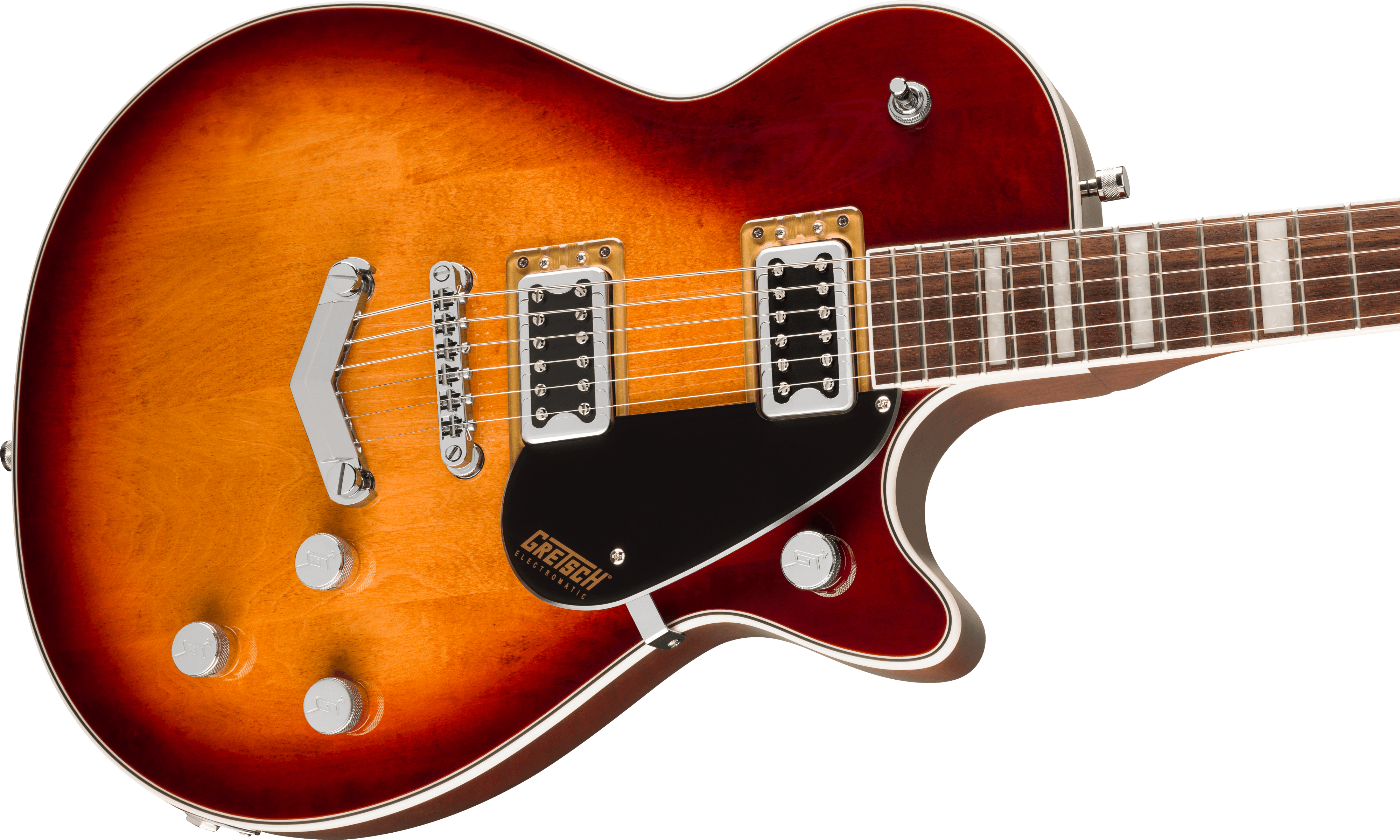 Sunburst finish electric guitar with two chrome humbucker pickups, four control knobs, a black pickguard, and a six-string fretboard.