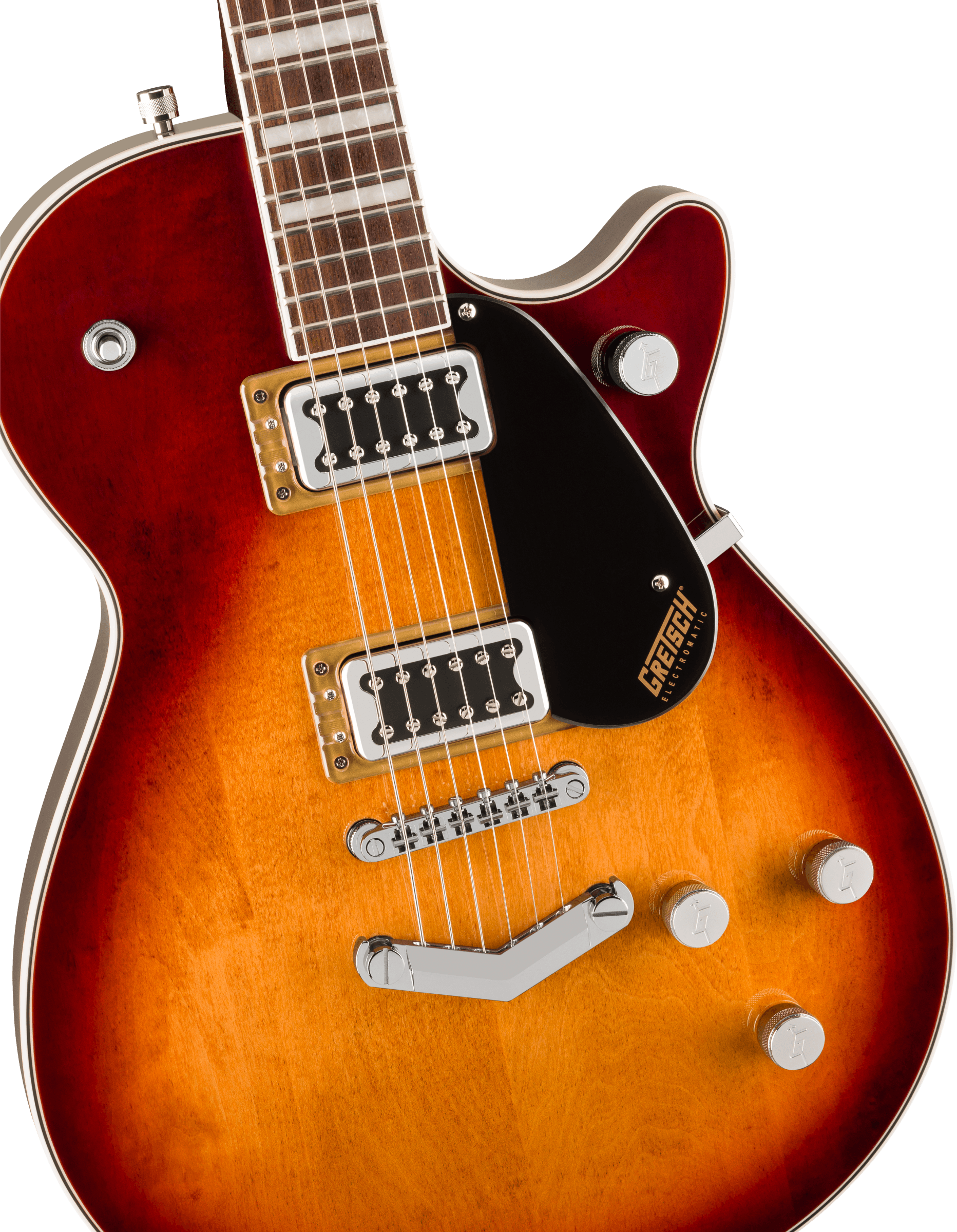 Sunburst-finish electric guitar with two chrome pickups, three control knobs, black pickguard, and a chrome bridge. Body fades from orange to dark red.