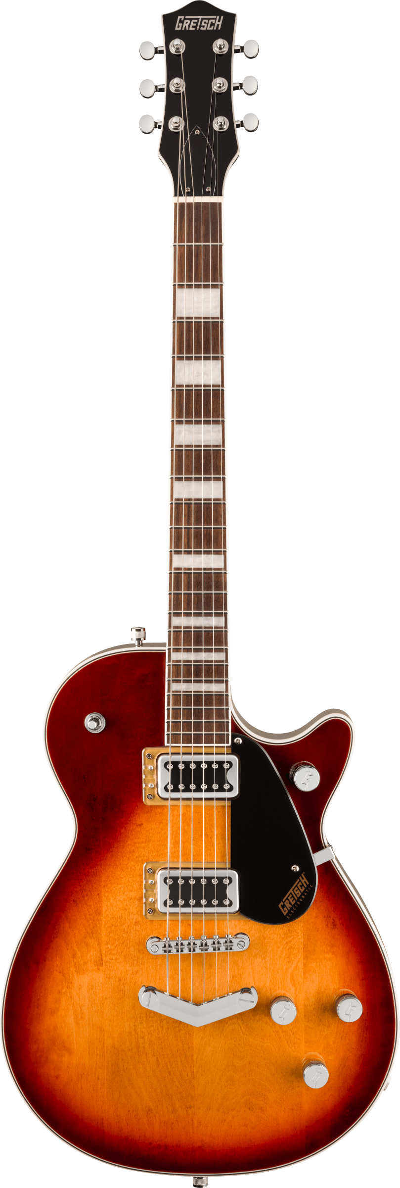 Gretsch electric guitar with a single-cutaway body, sunburst finish, chrome hardware, two humbucker pickups, and large block inlays on the fretboard.