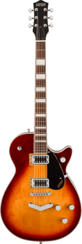 Gretsch electric guitar with a single-cutaway body, sunburst finish, chrome hardware, two humbucker pickups, and large block inlays on the fretboard.