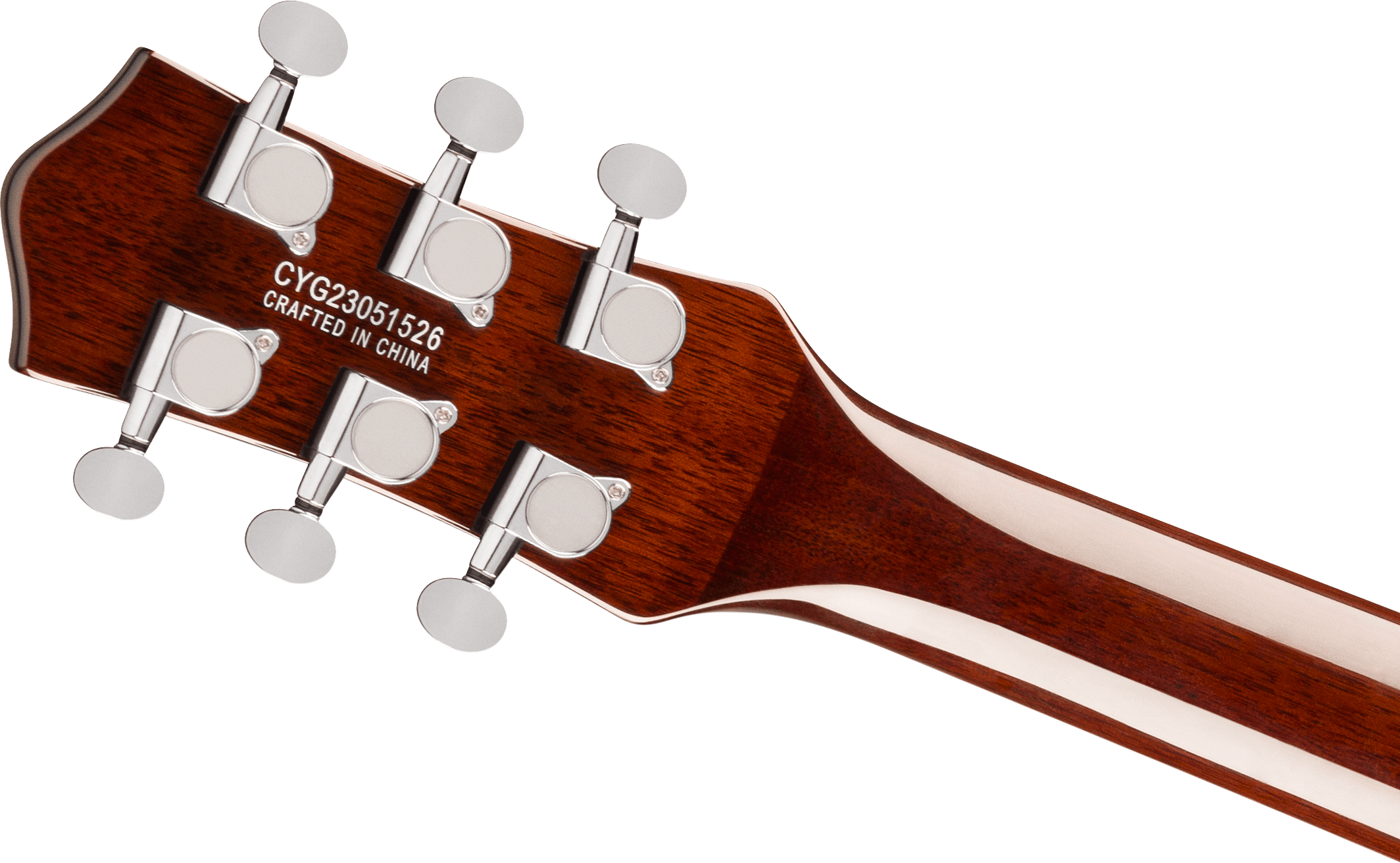 Back of an electric guitar headstock and neck, showing six chrome tuning pegs on dark polished wood and the text "Crafted in China" with a serial number.