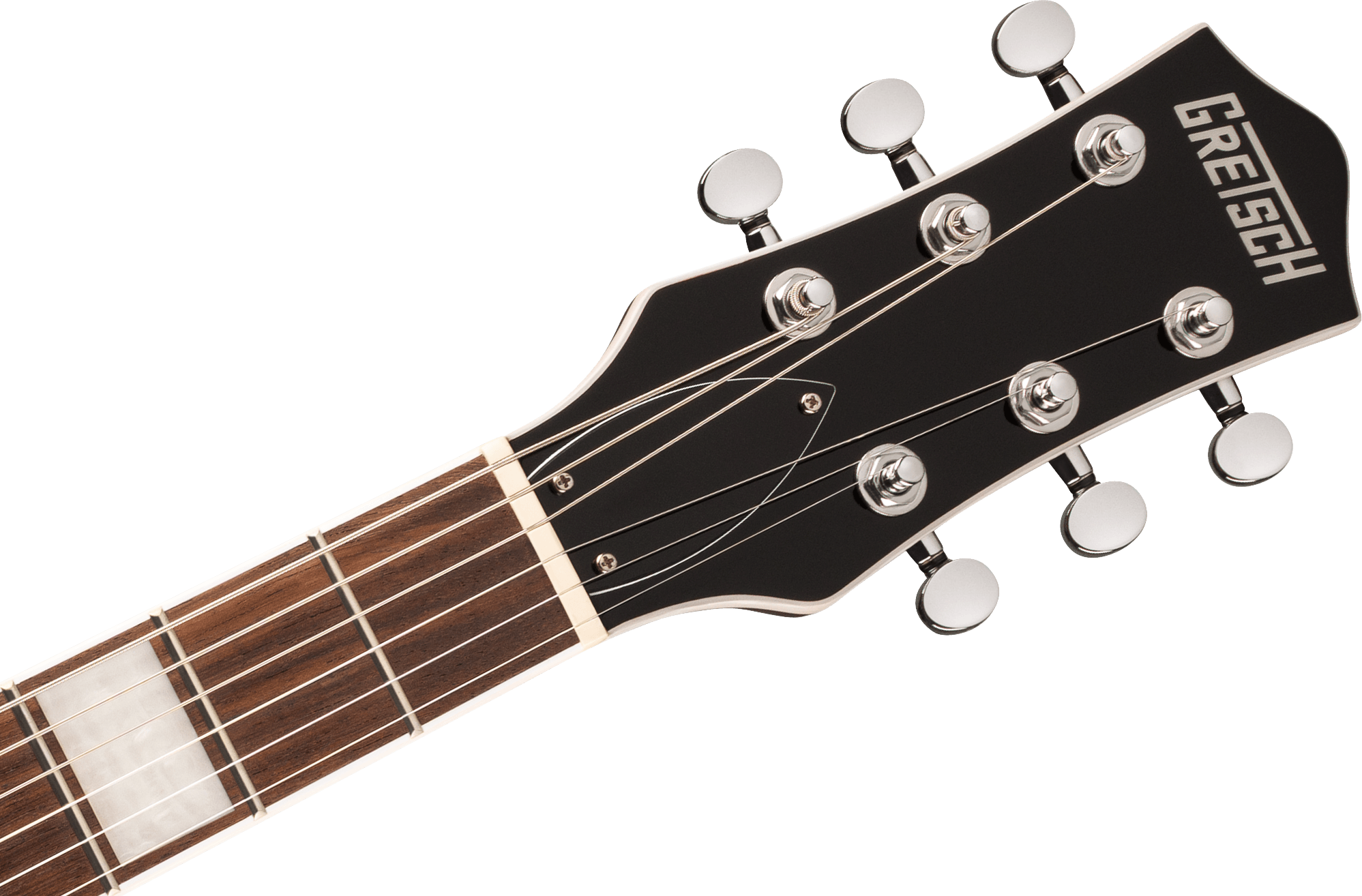 Black Gretsch electric guitar headstock with six metal tuning pegs, visible strings, and part of the wooden fretboard with inlays.
