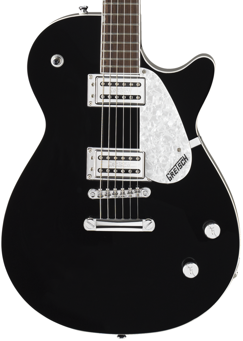 Black electric guitar with a single cutaway, chrome hardware, two humbucker pickups, three control knobs, and a white pearloid pickguard labeled Gretsch.