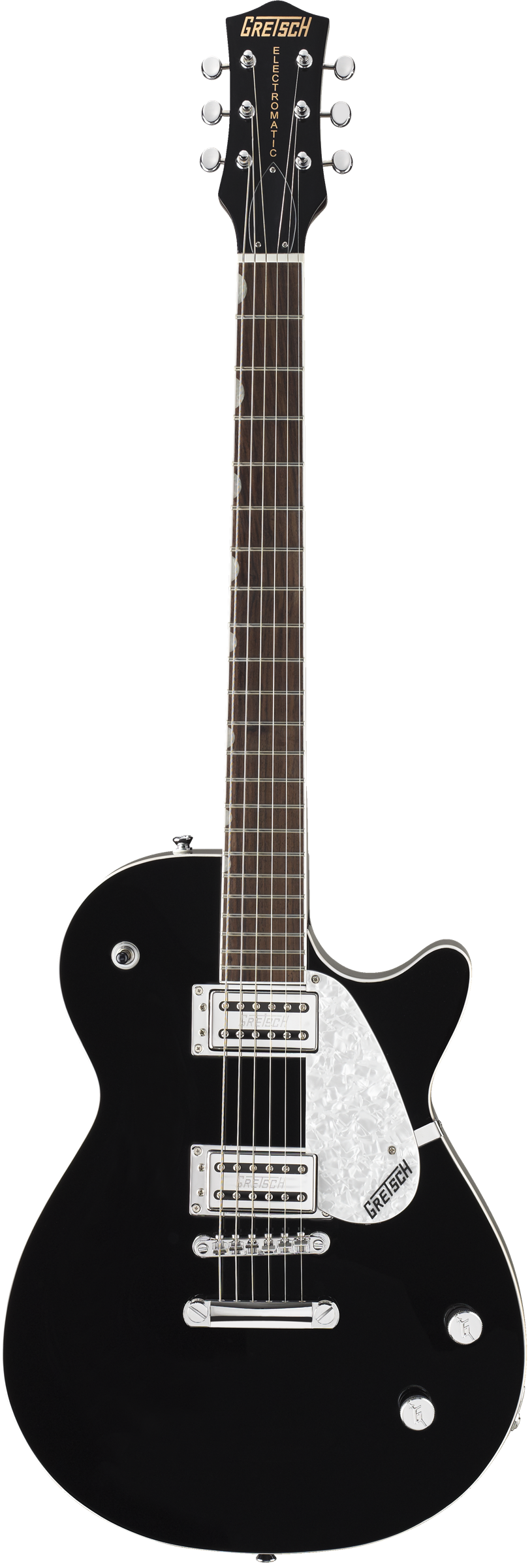 Black Gretsch electric guitar with a single-cutaway body, two chrome pickups, three control knobs, and a white pearloid pickguard.